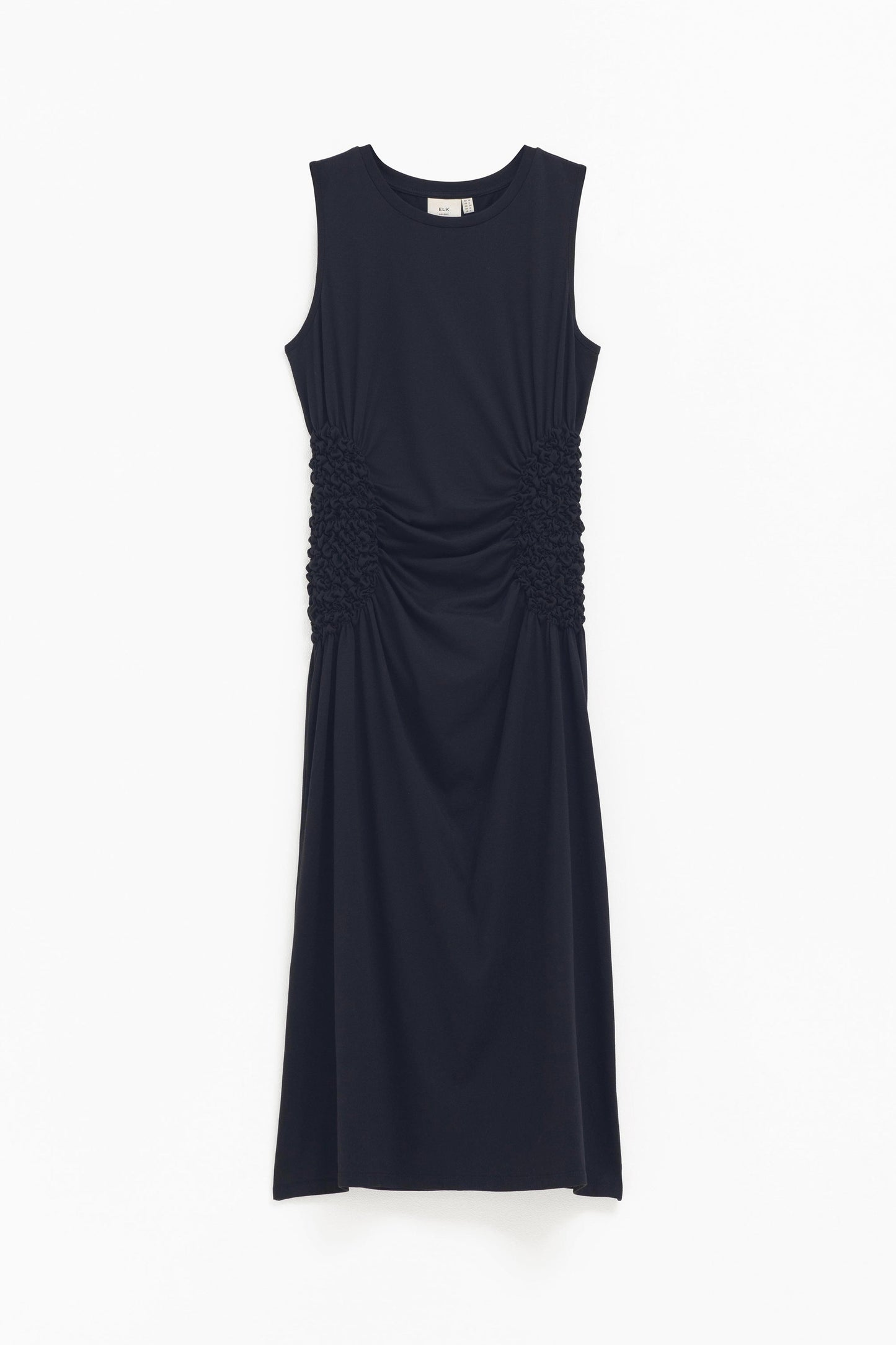 Webb Organic Cotton Jersey Shirred Detail Sleeveless Midi Dress Front | BLACK