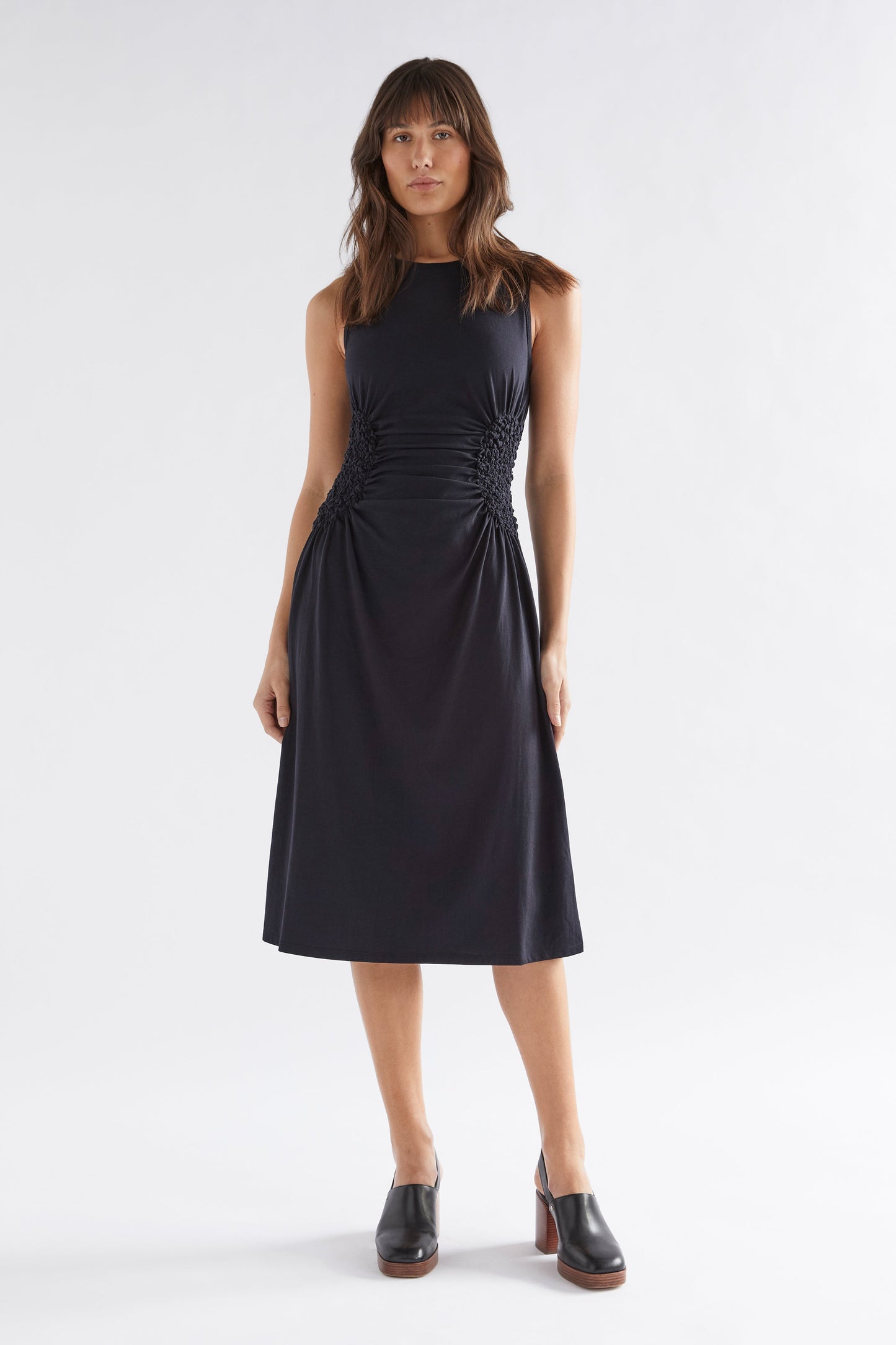 Webb Organic Cotton Jersey Shirred Detail Sleeveless Midi Dress Model Front | BLACK