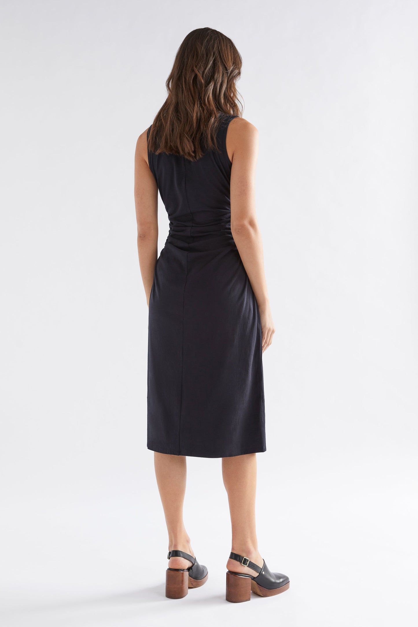 Webb Organic Cotton Jersey Shirred Detail Sleeveless Midi Dress Model Back | BLACK