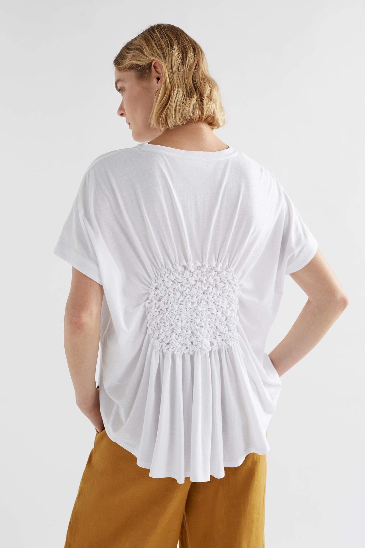 Webb Organic Cotton Jersey Shirred Detail T-Shirt Top Model Back | WHITE