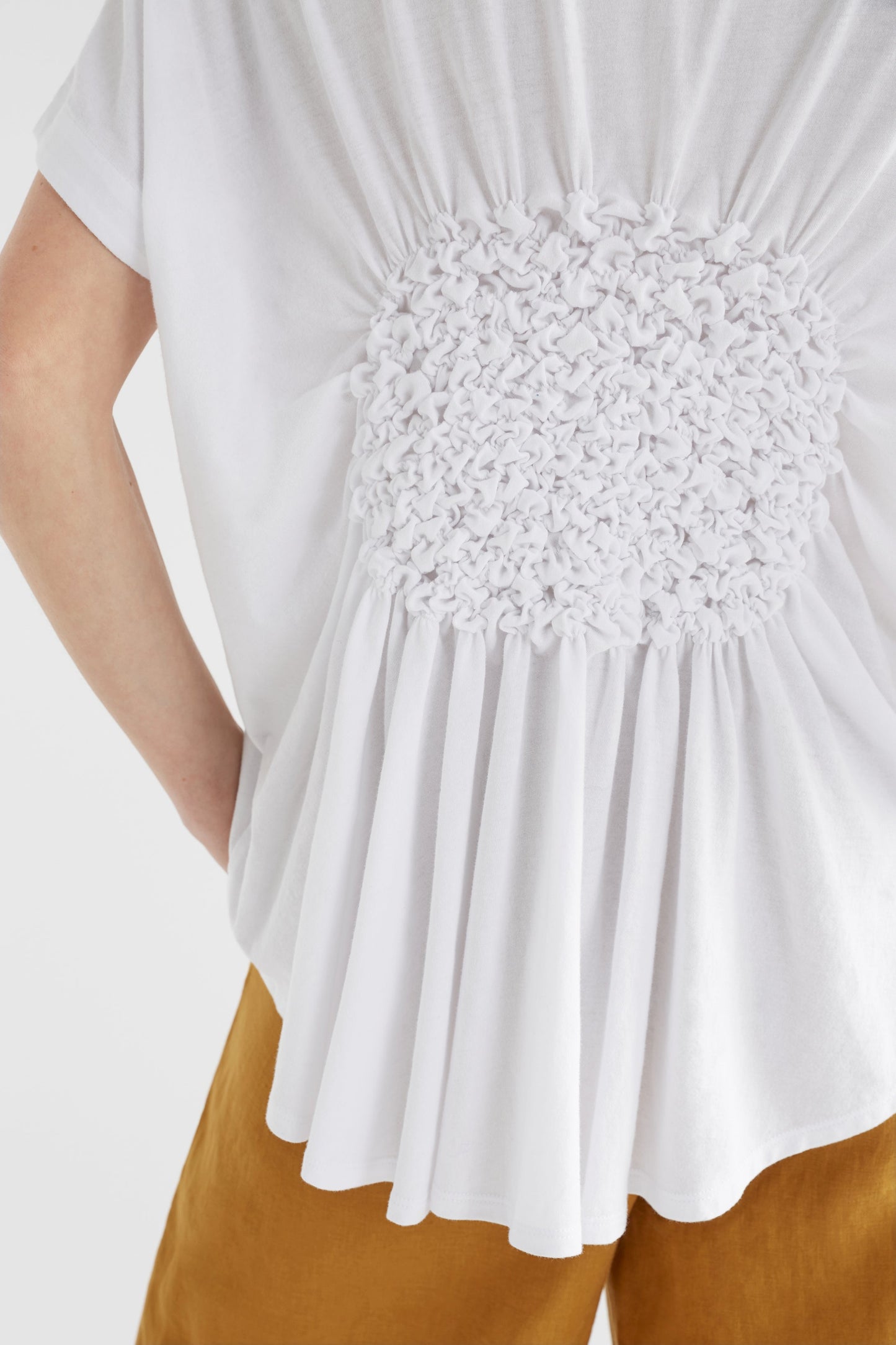 Webb Organic Cotton Jersey Shirred Detail T-Shirt Top Detail | WHITE