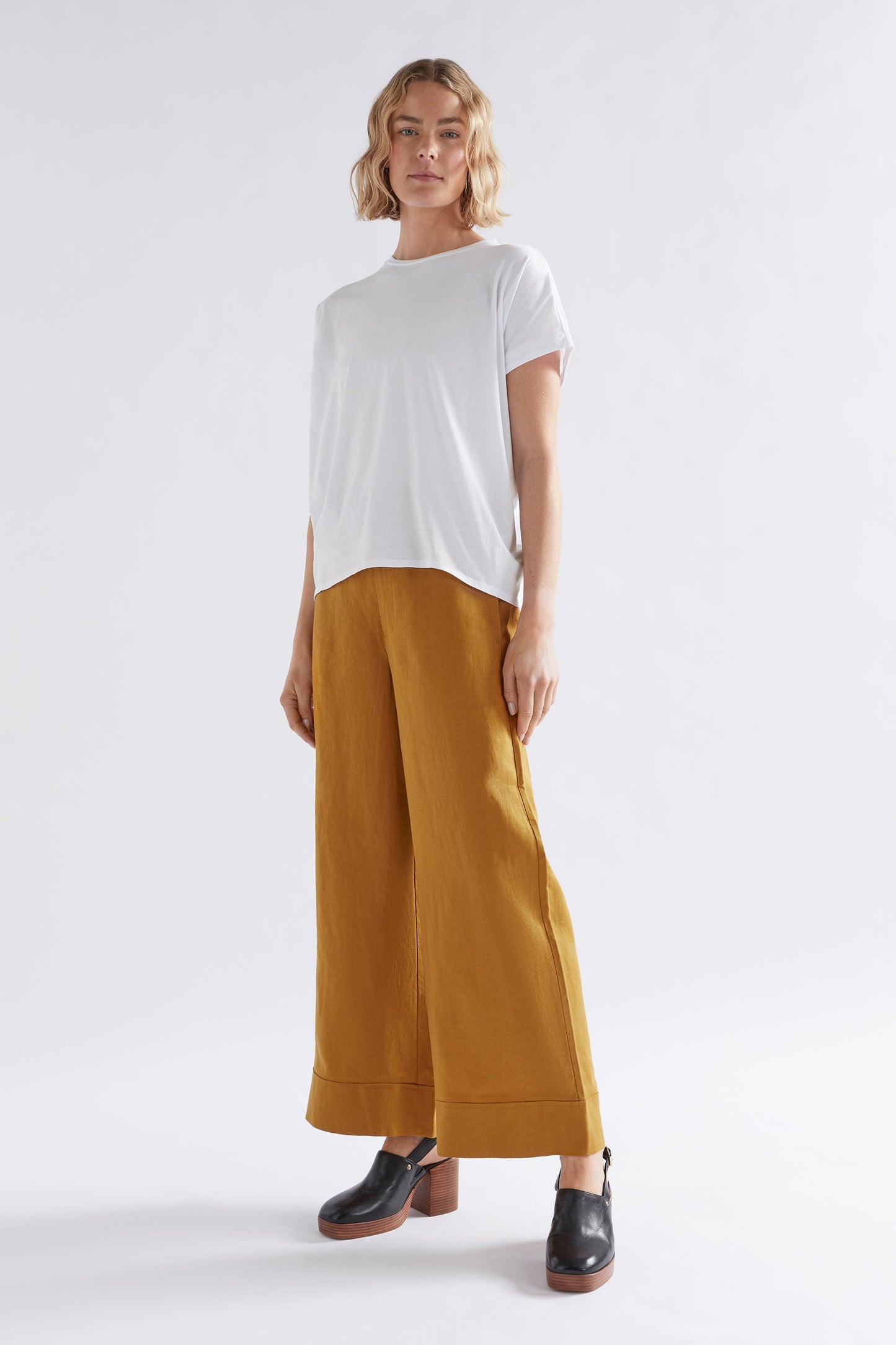 Webb Organic Cotton Jersey Shirred Detail T-Shirt Top Model Front Full Body | WHITE