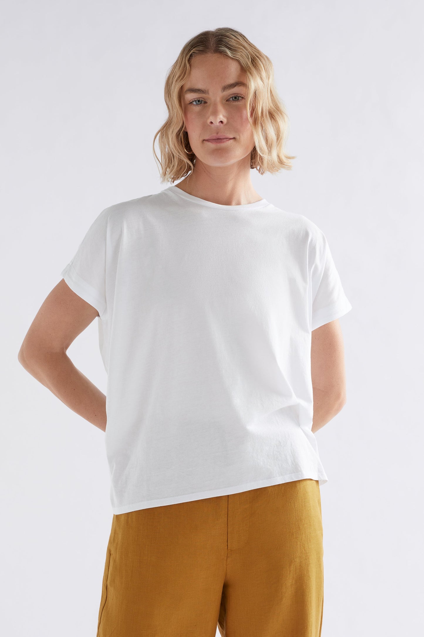 Webb Organic Cotton Jersey Shirred Detail T-Shirt Top Model Front | WHITE