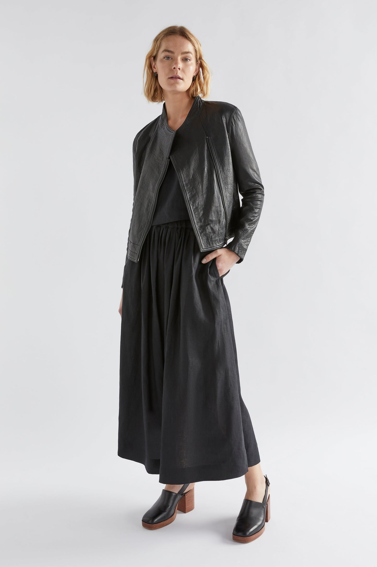 Elev Mid Length Gathered Elastic Waist Linen Skirt Model Front with Lader Leather Jacket | BLACK