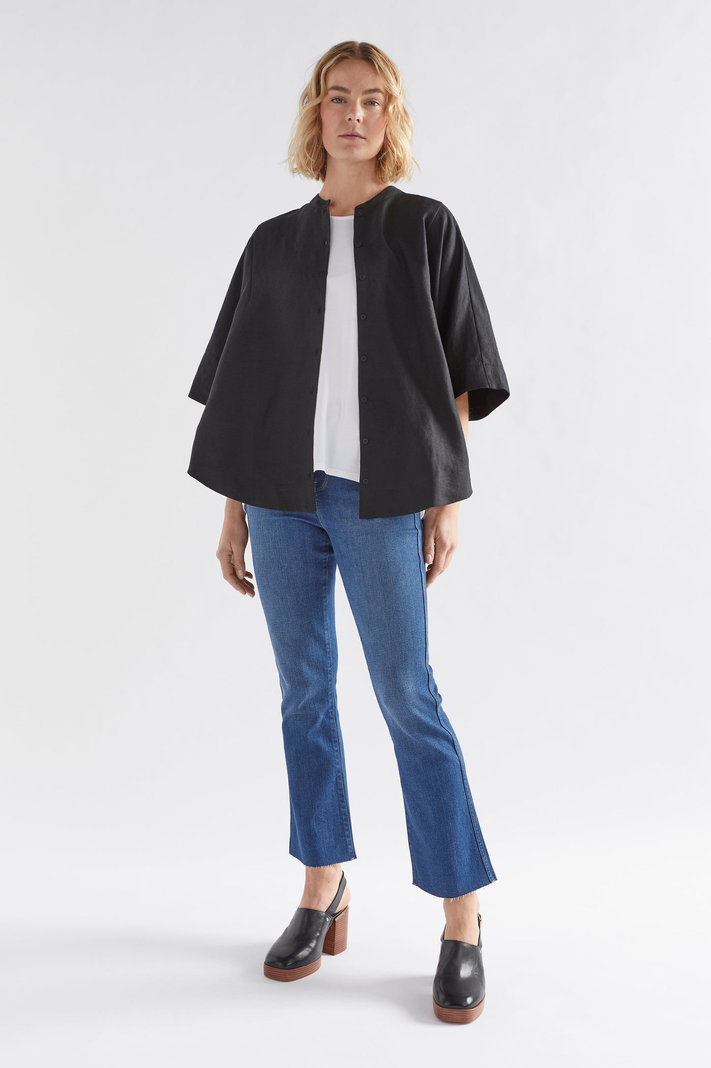 Elev Linen Cape-style Shirt Model Front Full Body | BLACK