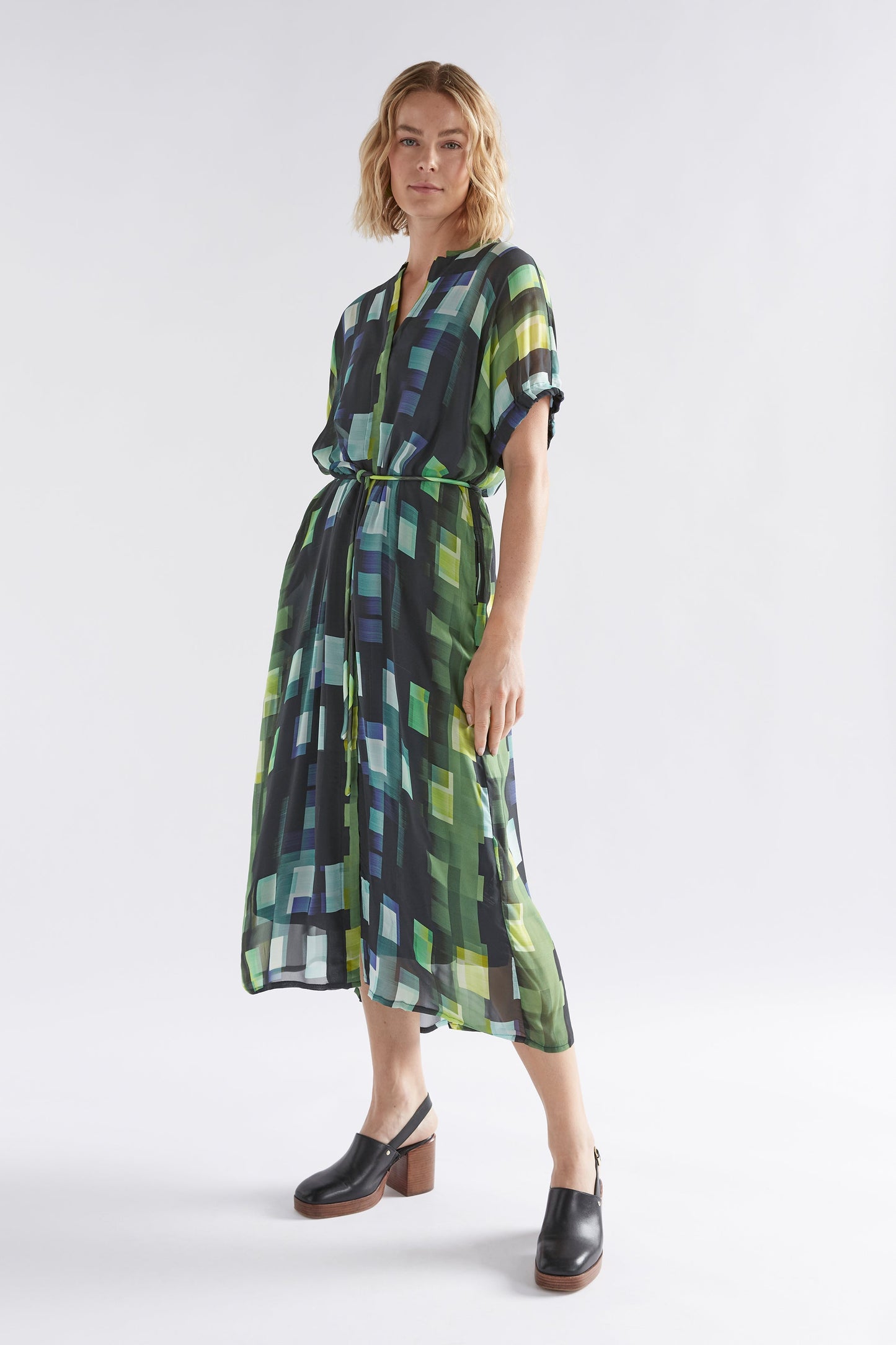 Indi Sheer Collarless Midi Shirt Dress Model Front | GREEN SHUTTER GRID