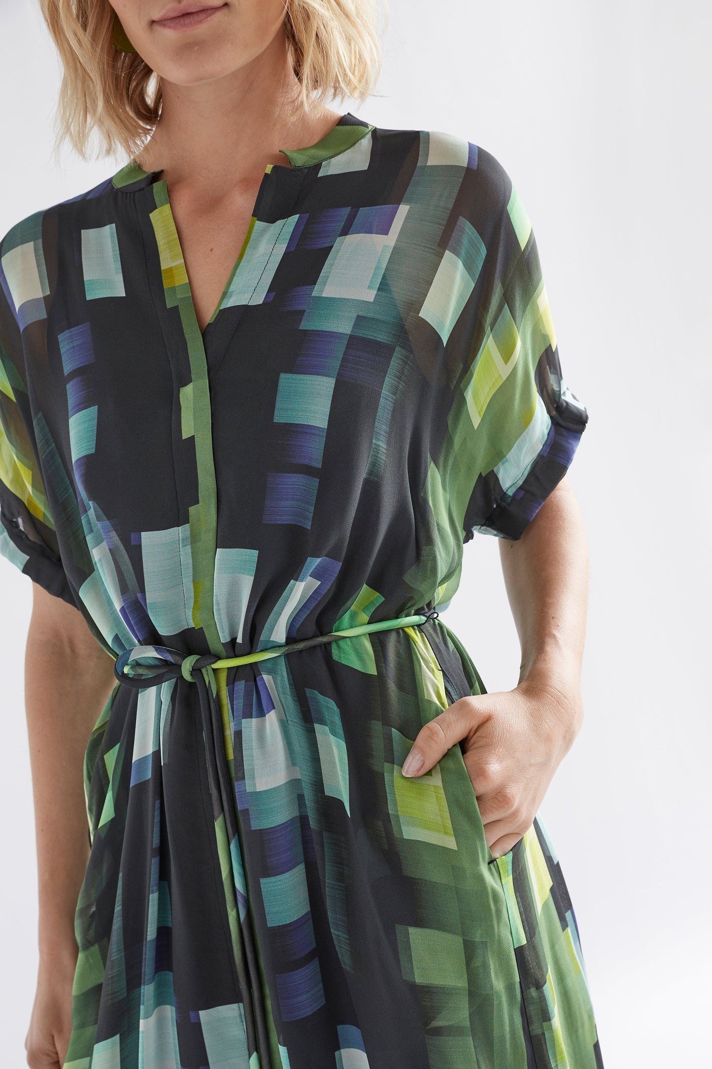 Indi Sheer Collarless Midi Shirt Dress Model Front Detail | GREEN SHUTTER GRID