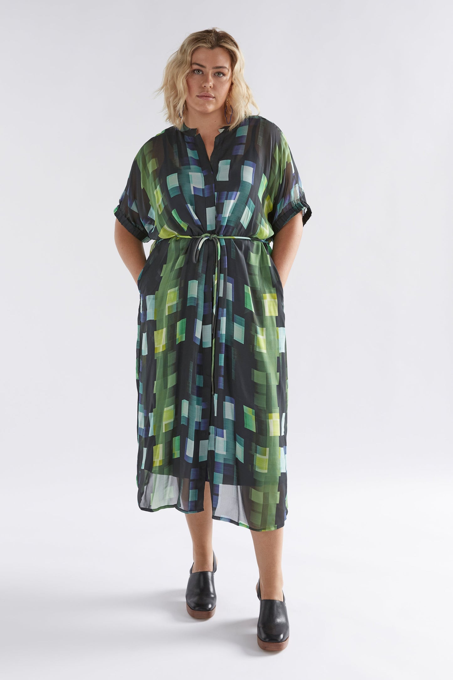 Indi Sheer Collarless Midi Shirt Dress Model Front | GREEN SHUTTER GRID