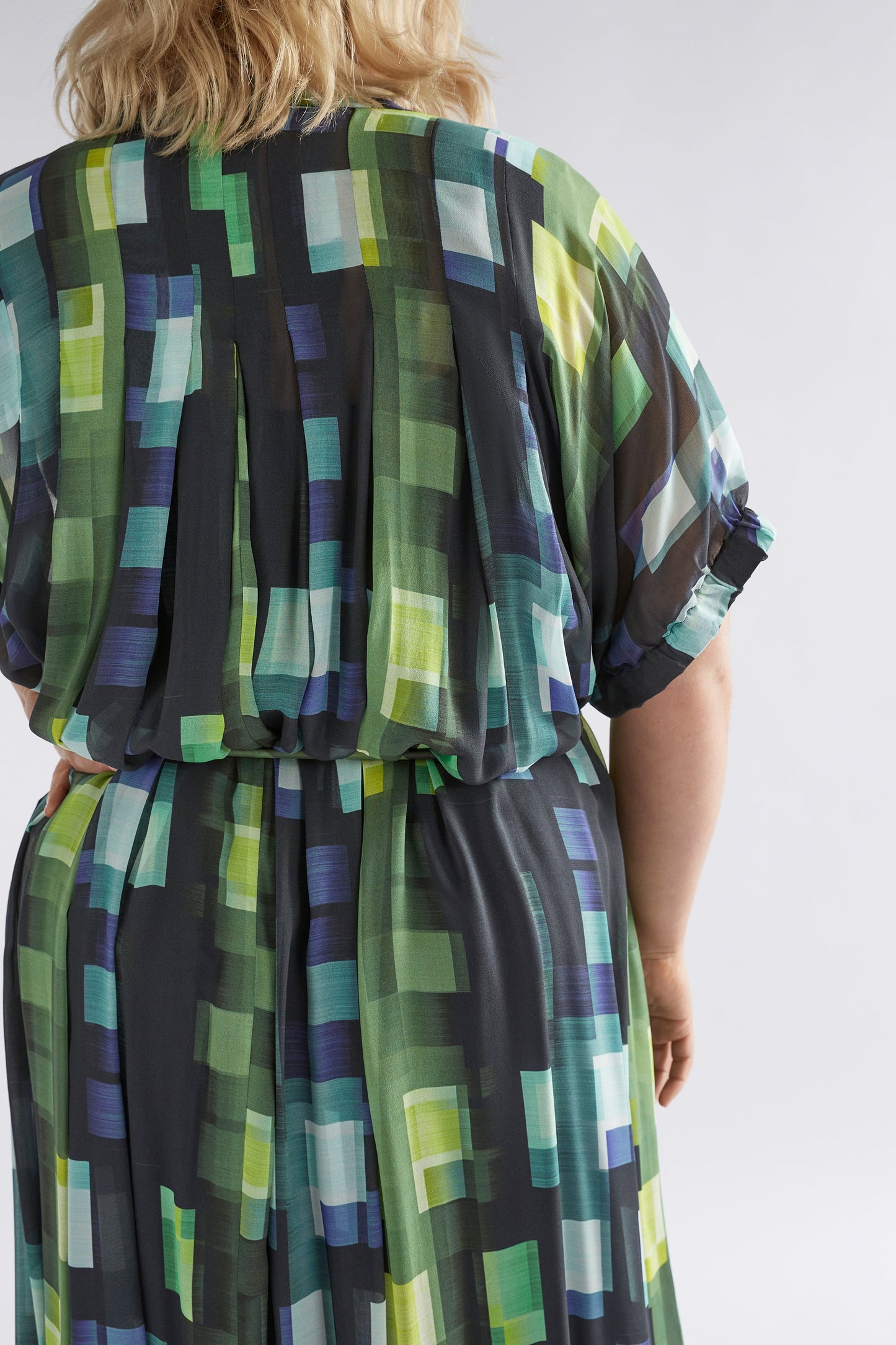 Indi Sheer Collarless Midi Shirt Dress Model Back detail | GREEN SHUTTER GRID
