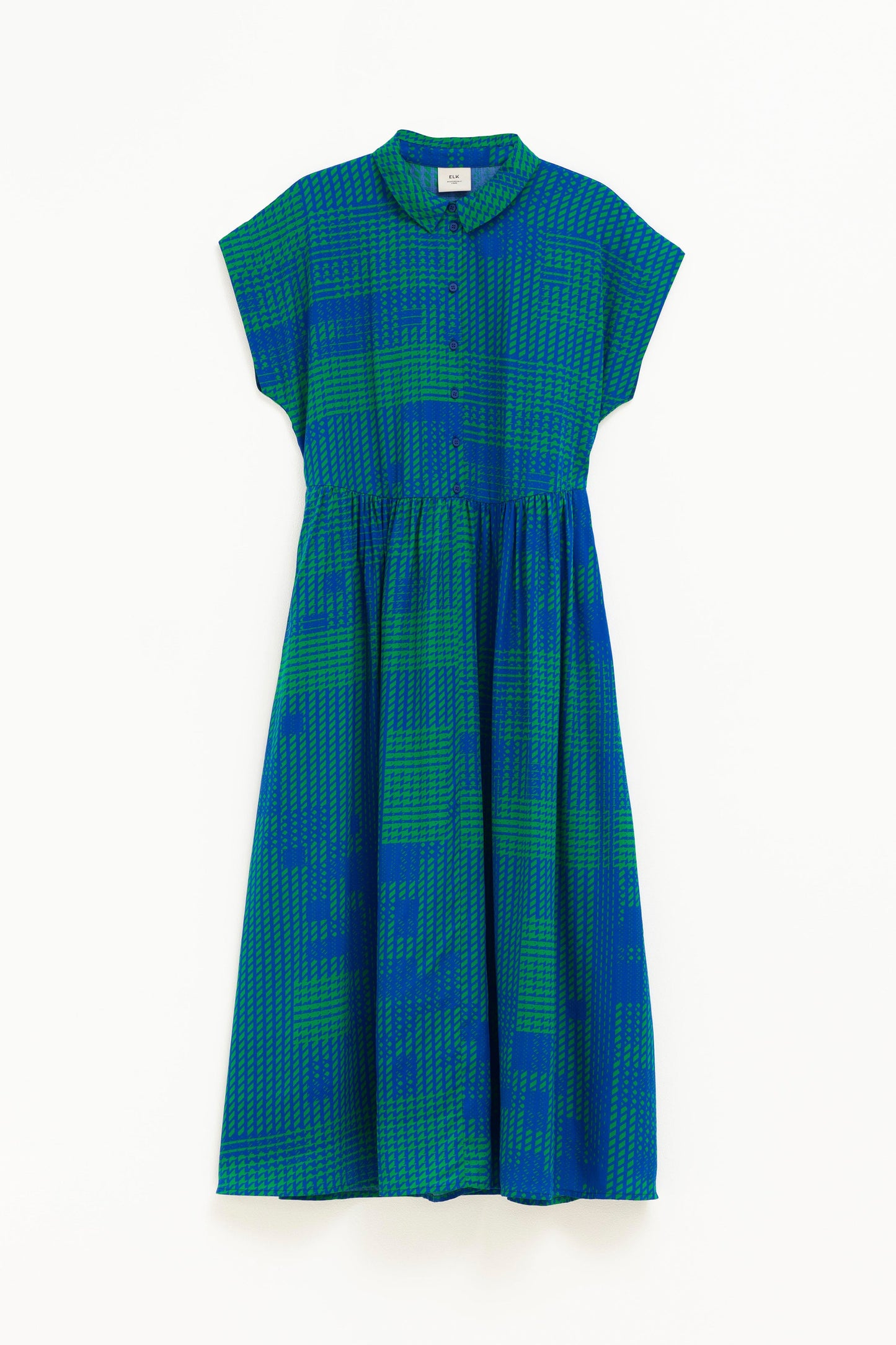 Albin Printed Short Sleeve Shirt Dress Front |  TEAL CROSS STITCH PRINT