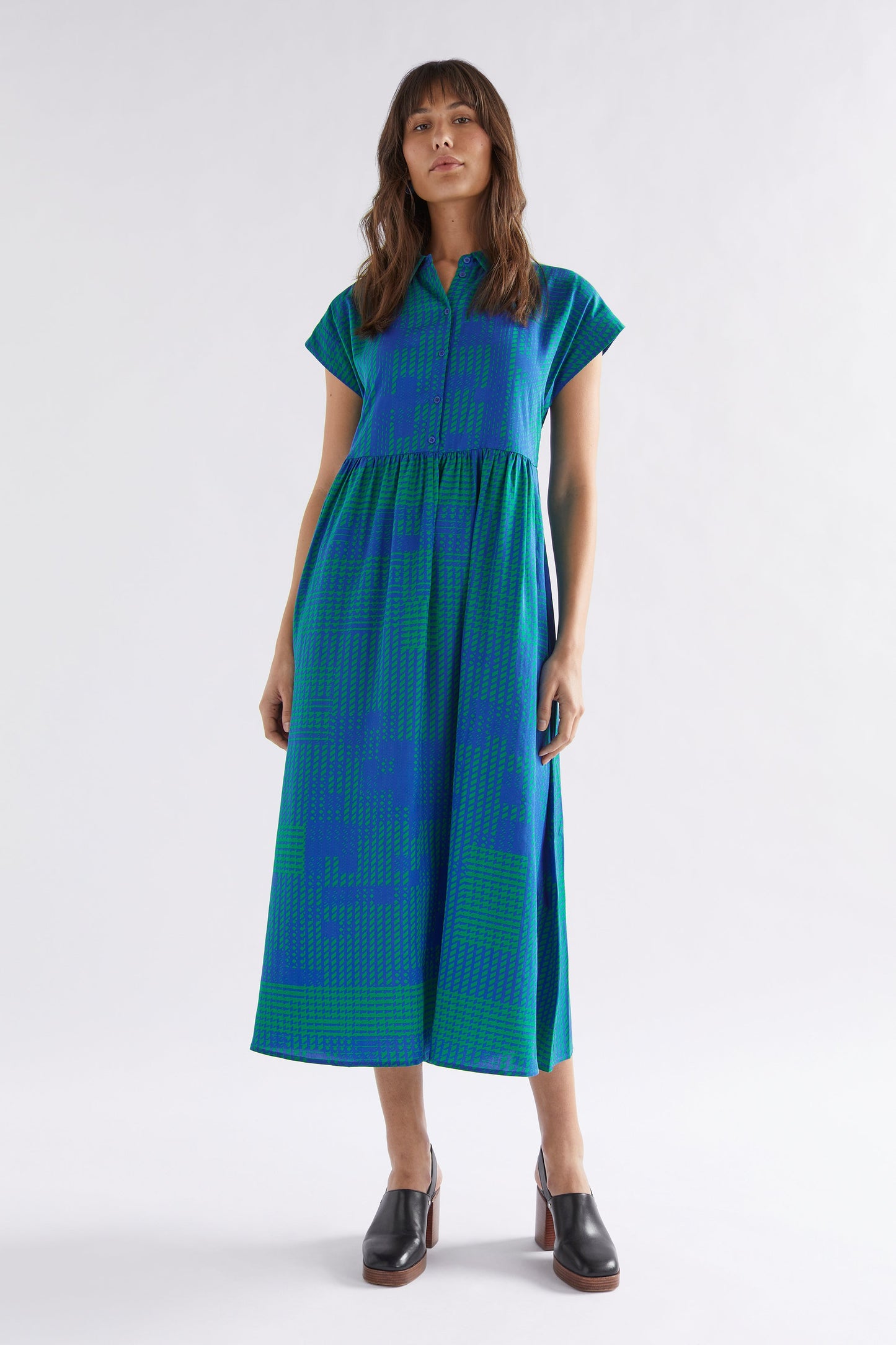 Albin Printed Short Sleeve Shirt Dress Model Front |  TEAL CROSS STITCH PRINT