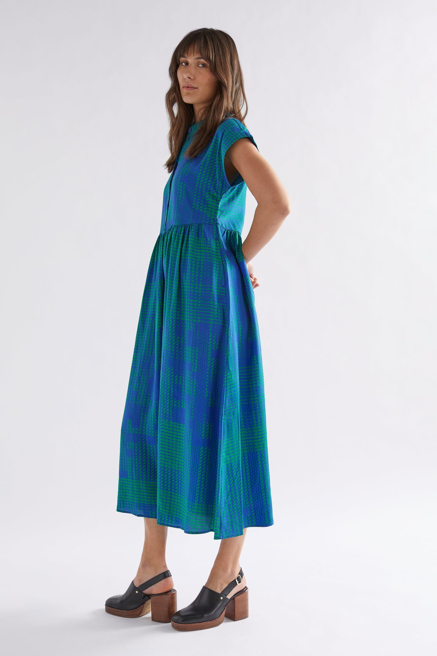 Albin Printed Short Sleeve Shirt Dress Model Side |  TEAL CROSS STITCH PRINT