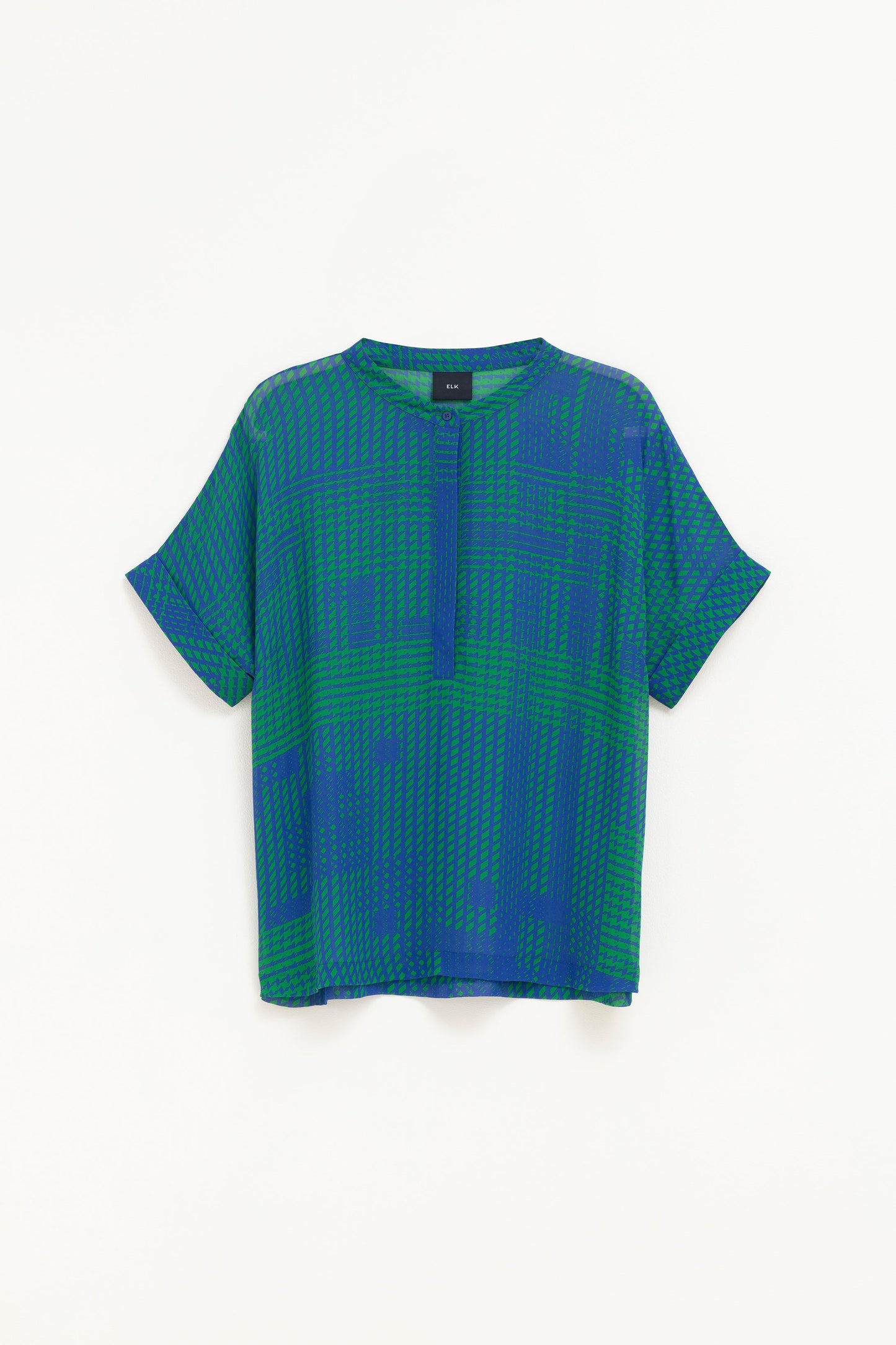 Lukko Sheer Print Collarless Short sleeve Shirt Front | TEAL CROSS STITCH PRINT