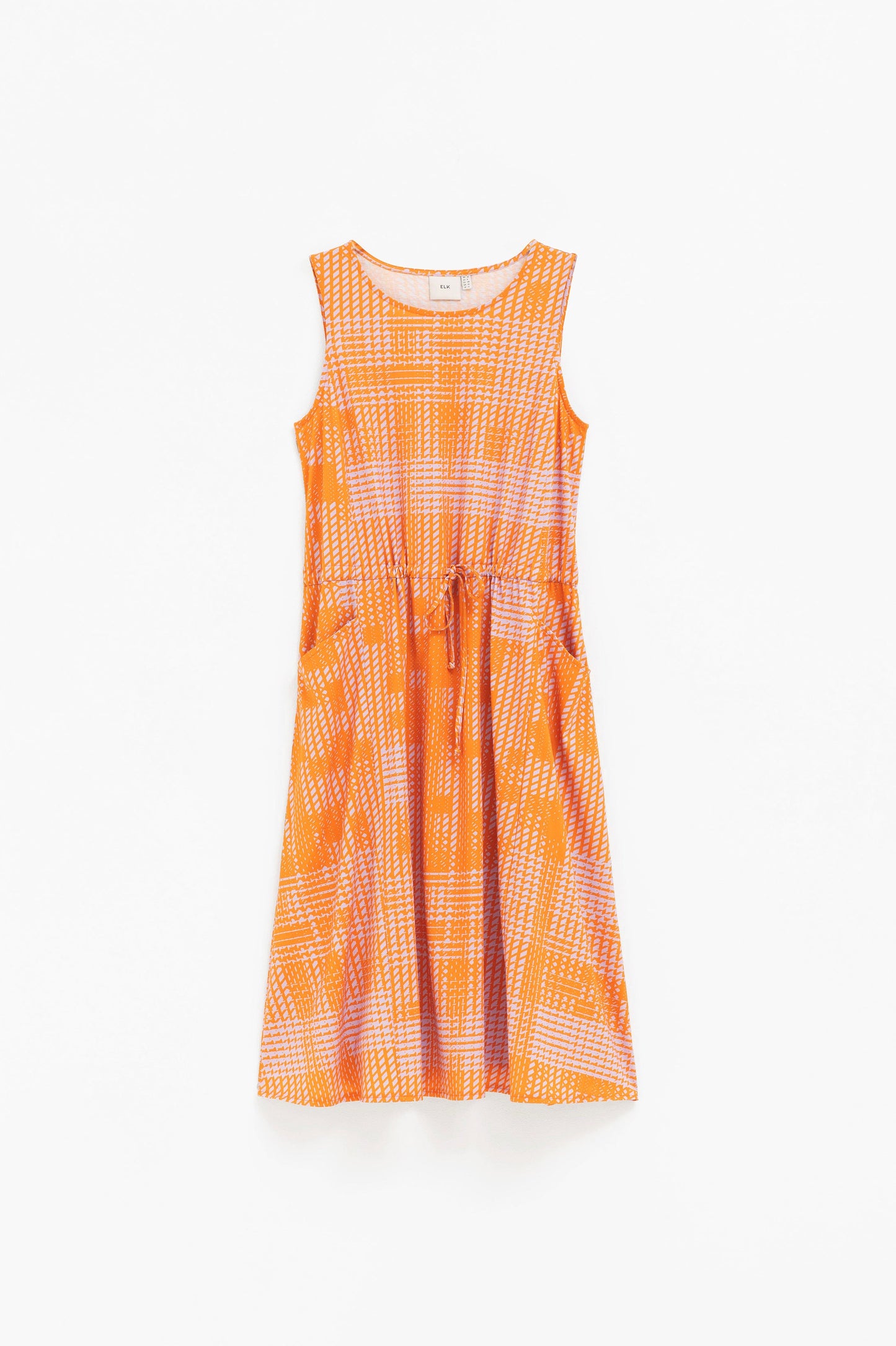 Pira Sleeveless Print Drawstring Jersey Midi Dress Front | CITRUS CROSS STITCH PRINT