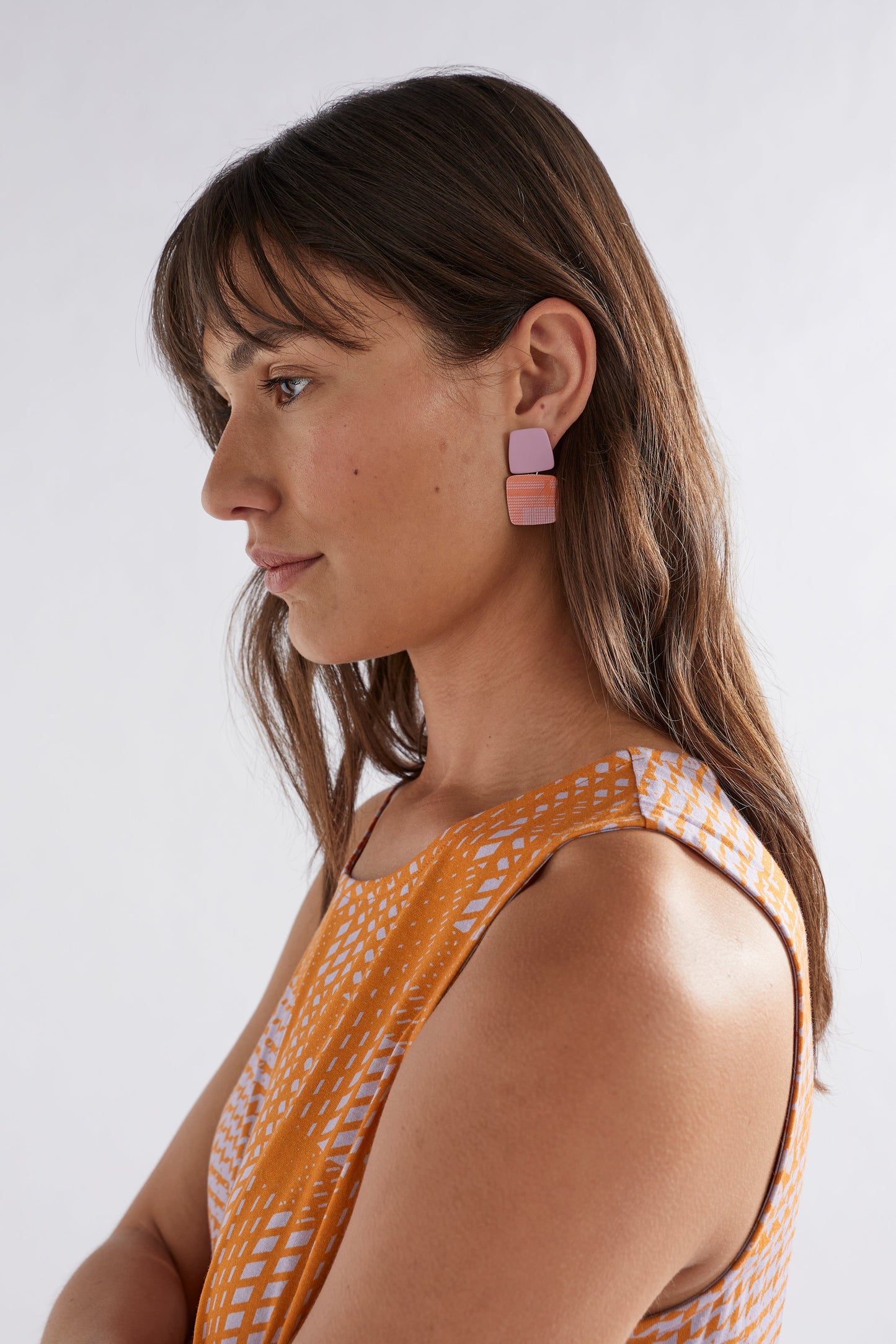 Pira Sleeveless Print Drawstring Jersey Midi Dress Model Side with Matching Earring |  CITRUS CROSS STITCH PRINT