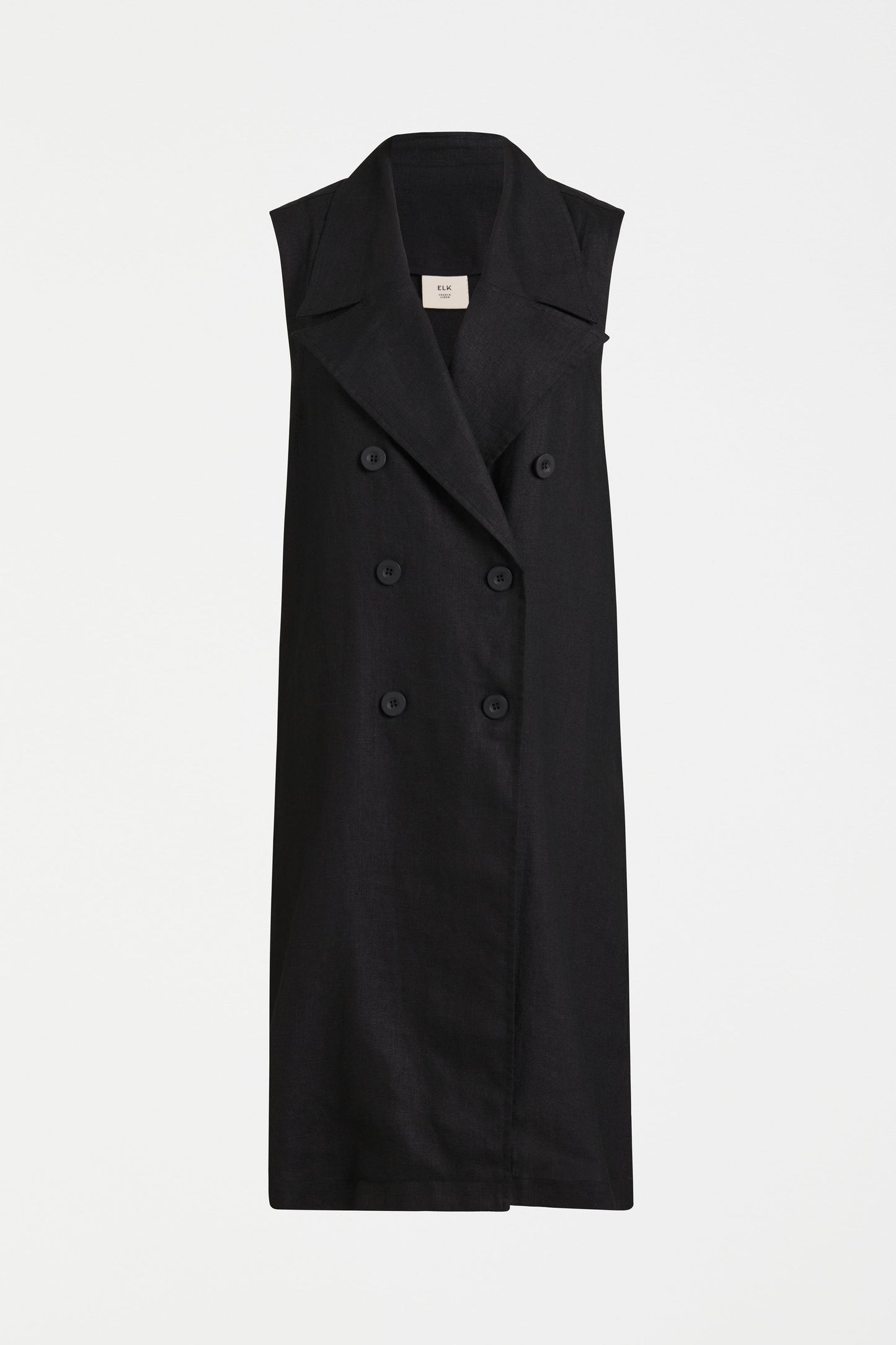 Olsson Long Linen Double Breasted Lapel Vest-Jacket Front | BLACK