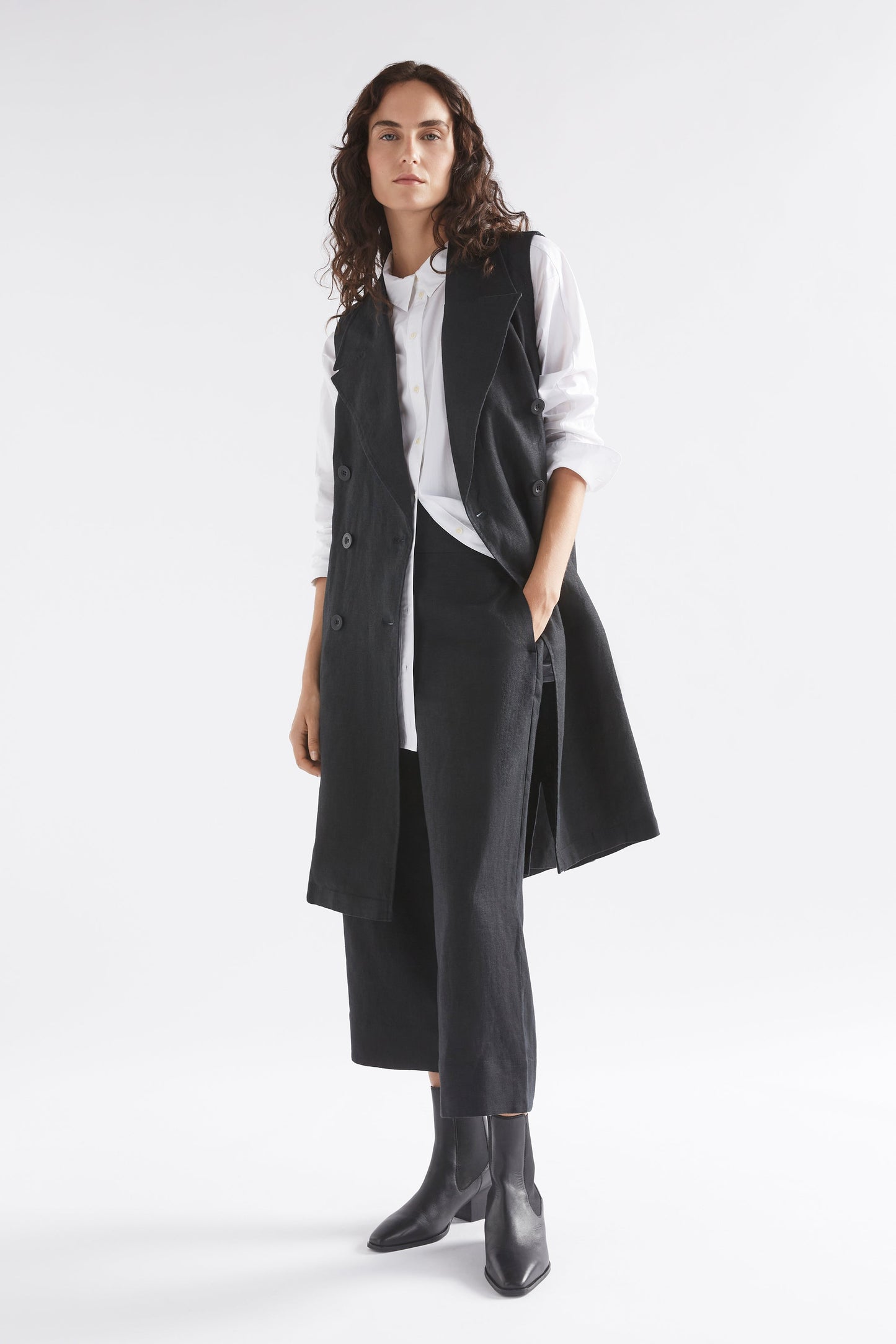 Olsson Long Linen Double Breasted Lapel Vest-Jacket Model Front over Shirt | BLACK