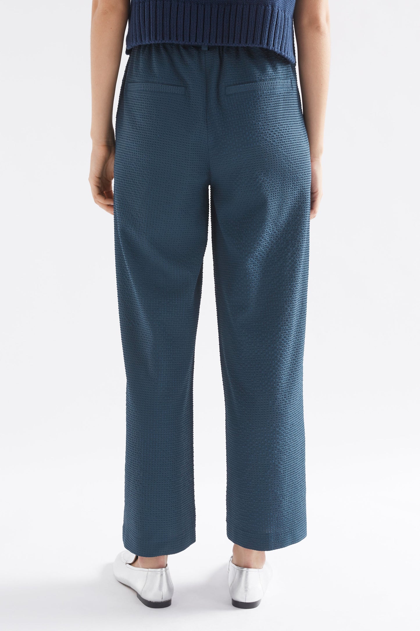 Deor Front Pleat Straight Leg Textured Pant Model Back Crop | DEEP SEA BLUE