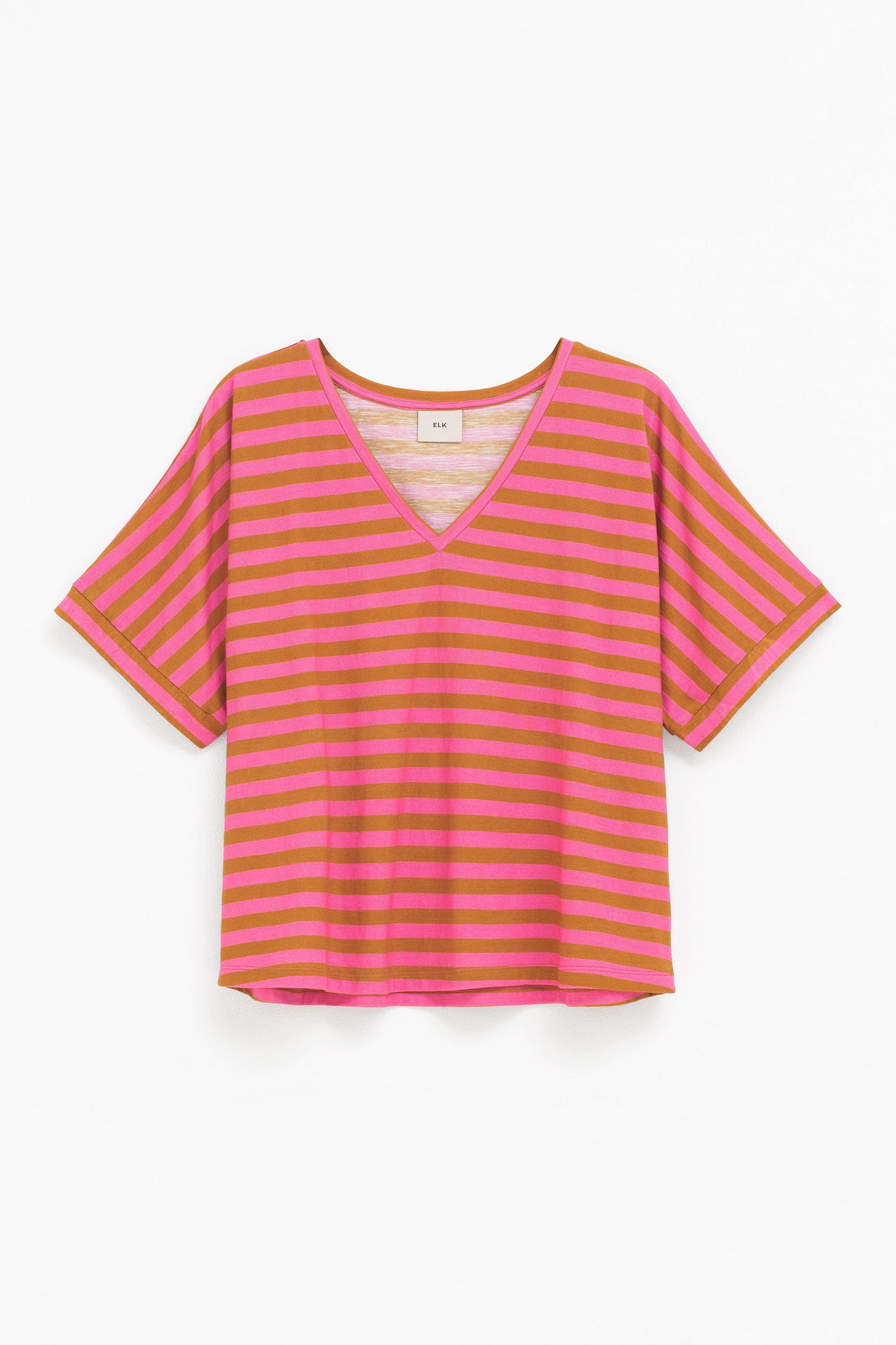 Seter Organic Cotton V-Neck Striped Jersey Tee Front | HONEY GOLD PINK