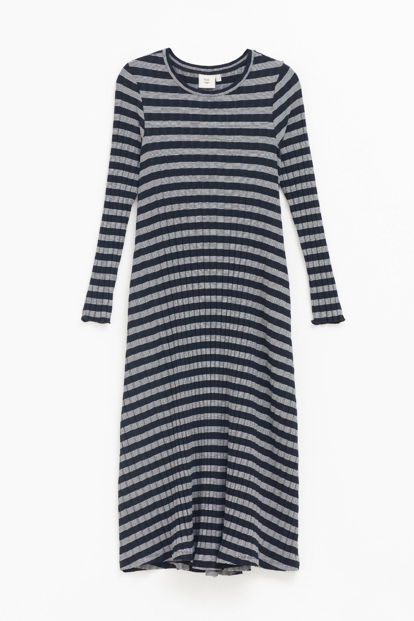 Skiva Striped and Ribbed Organic Cotton Long Sleeve Jersey Dress Front | BLACK WHITE STRIPE