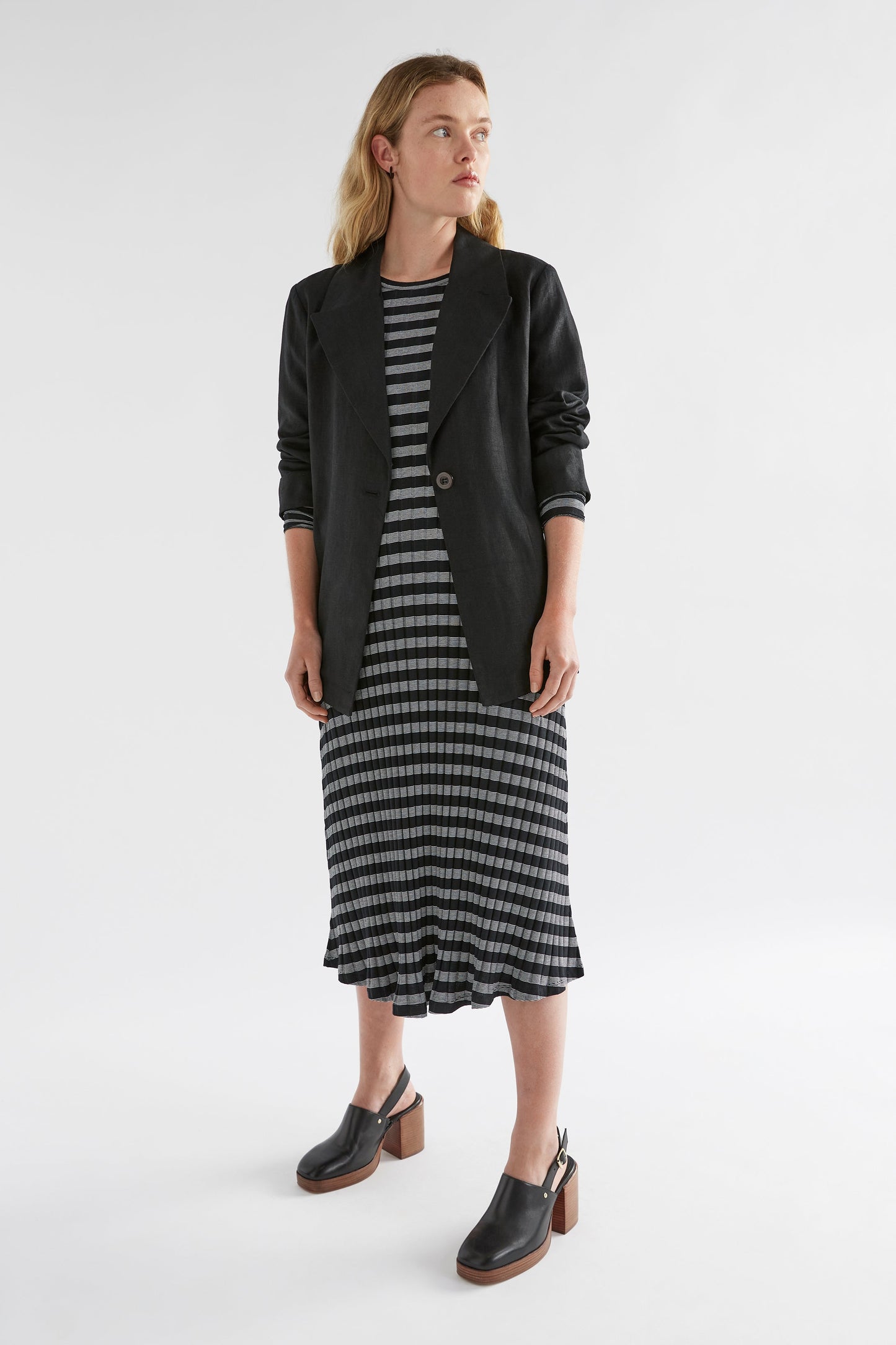 Skiva Striped and Ribbed Organic Cotton Long Sleeve Jersey Dress Model Front with ilona blazer | BLACK WHITE STRIPE