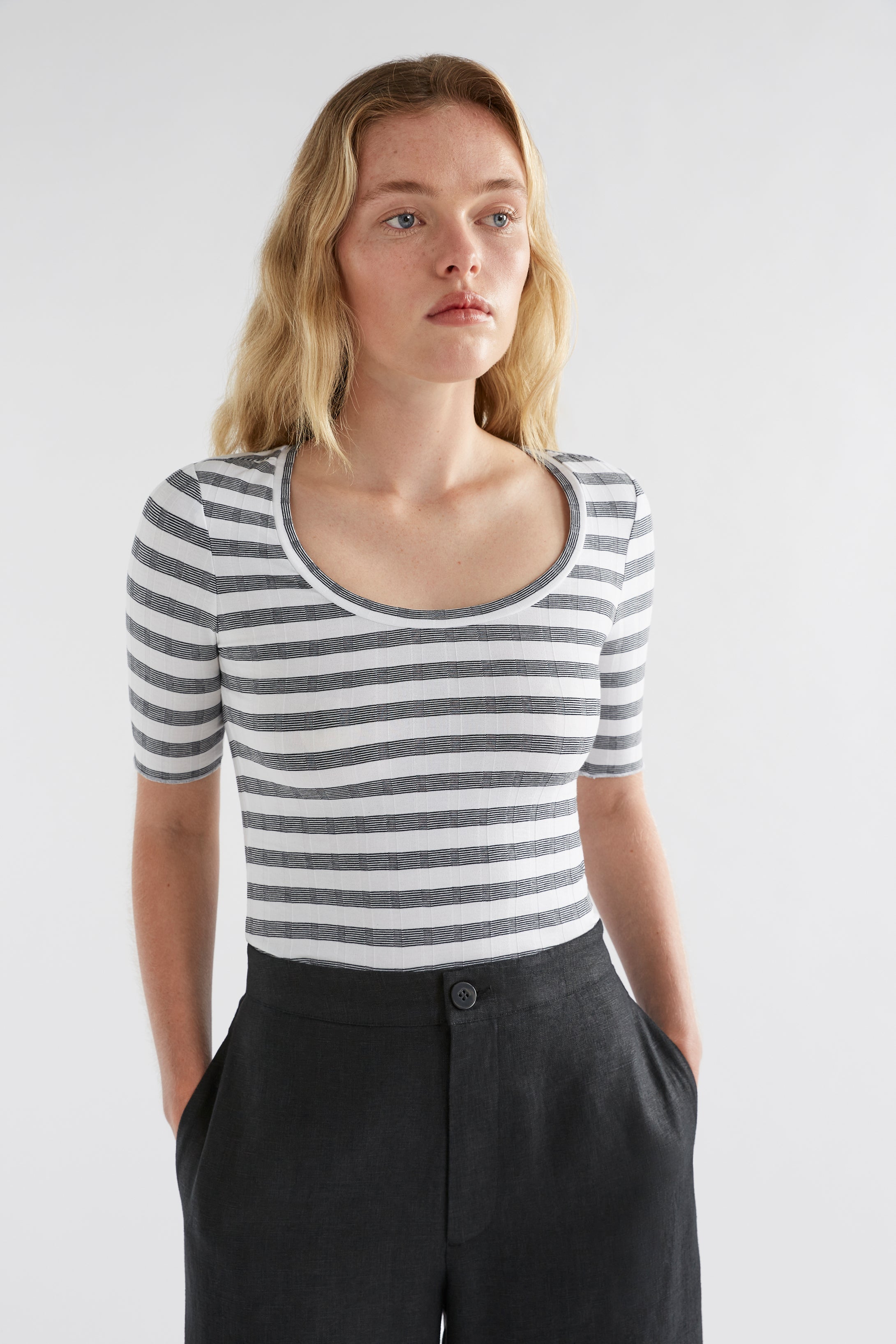 Skiva Striped and Ribbed Australian Cotton Fitted Jersey Tee Model Front | WHITE BLACK STRIPE