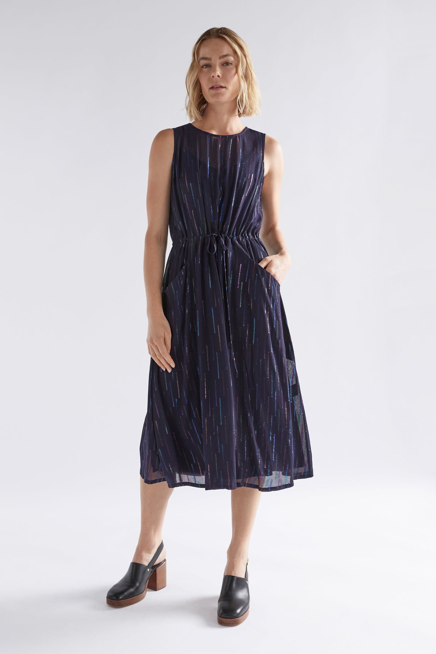 Glimmer Sleeveless Drawstring Metallic Fabric Evening Dress Model Front | NAVY METALLIC