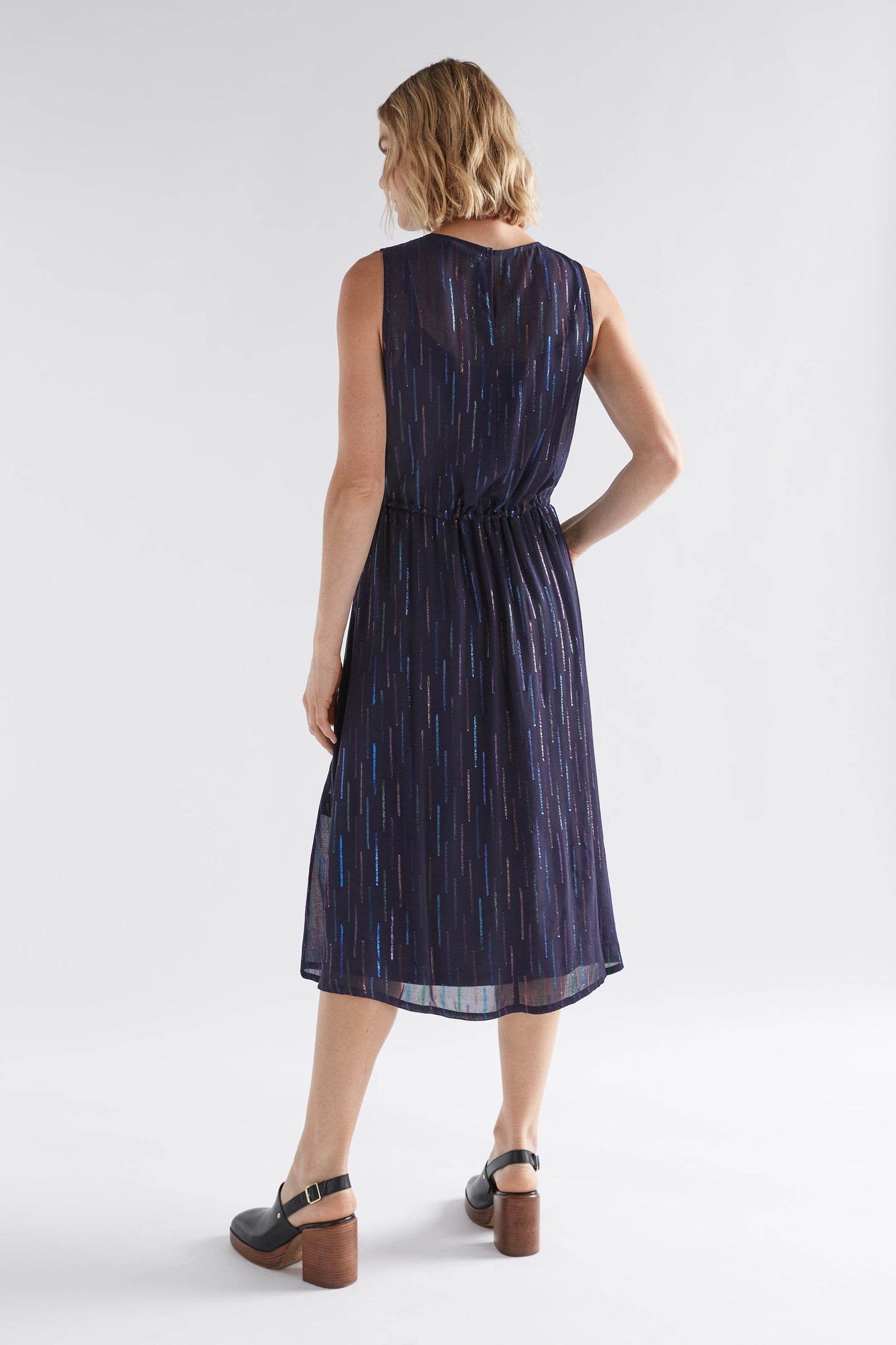 Glimmer Sleeveless Drawstring Metallic Fabric Evening Dress Model back | NAVY METALLIC