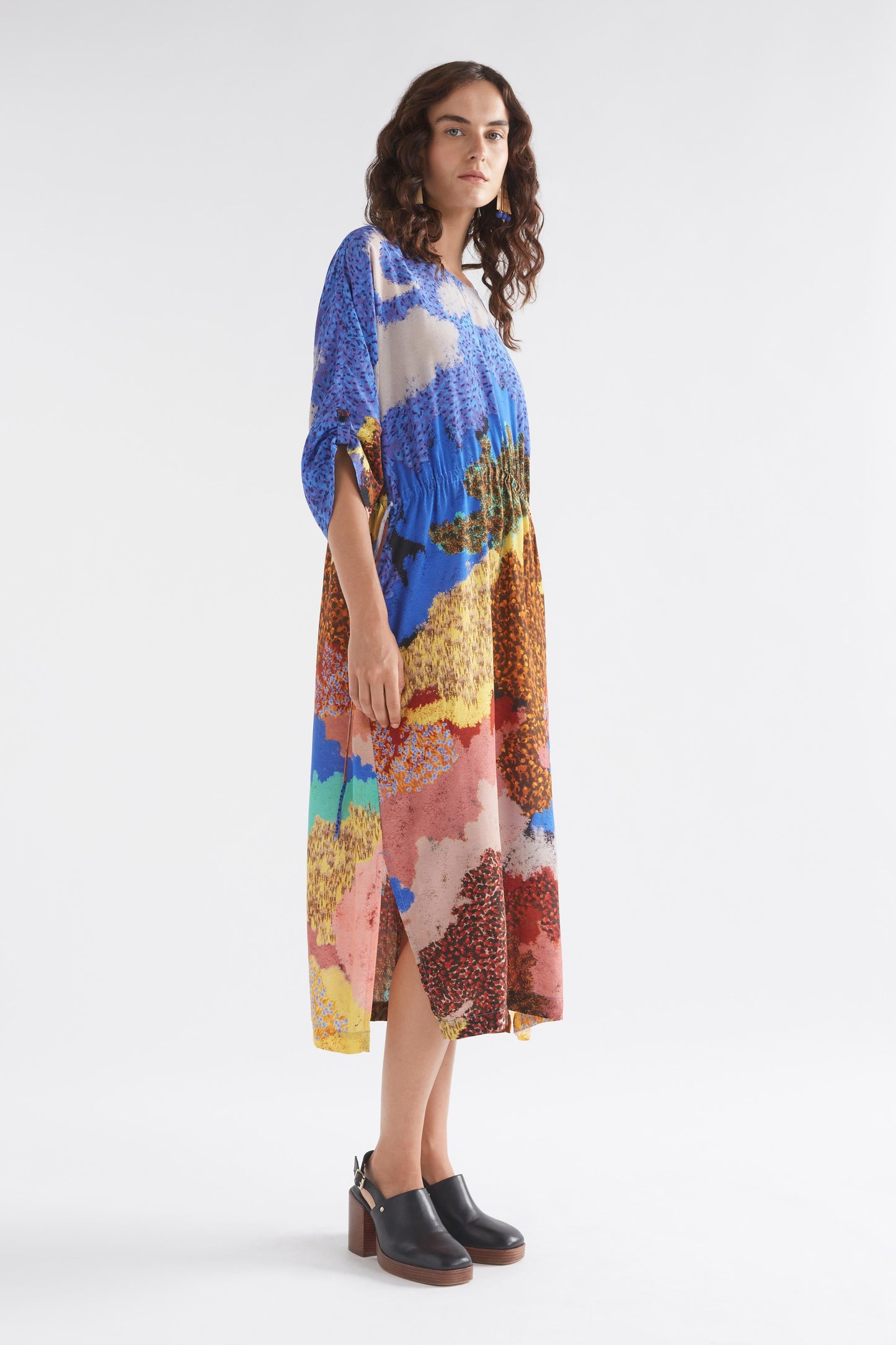 Pej Batwing Drawstring Waist Placement Print Statement Silky Midi Dress Model Side | TAROT PRINT