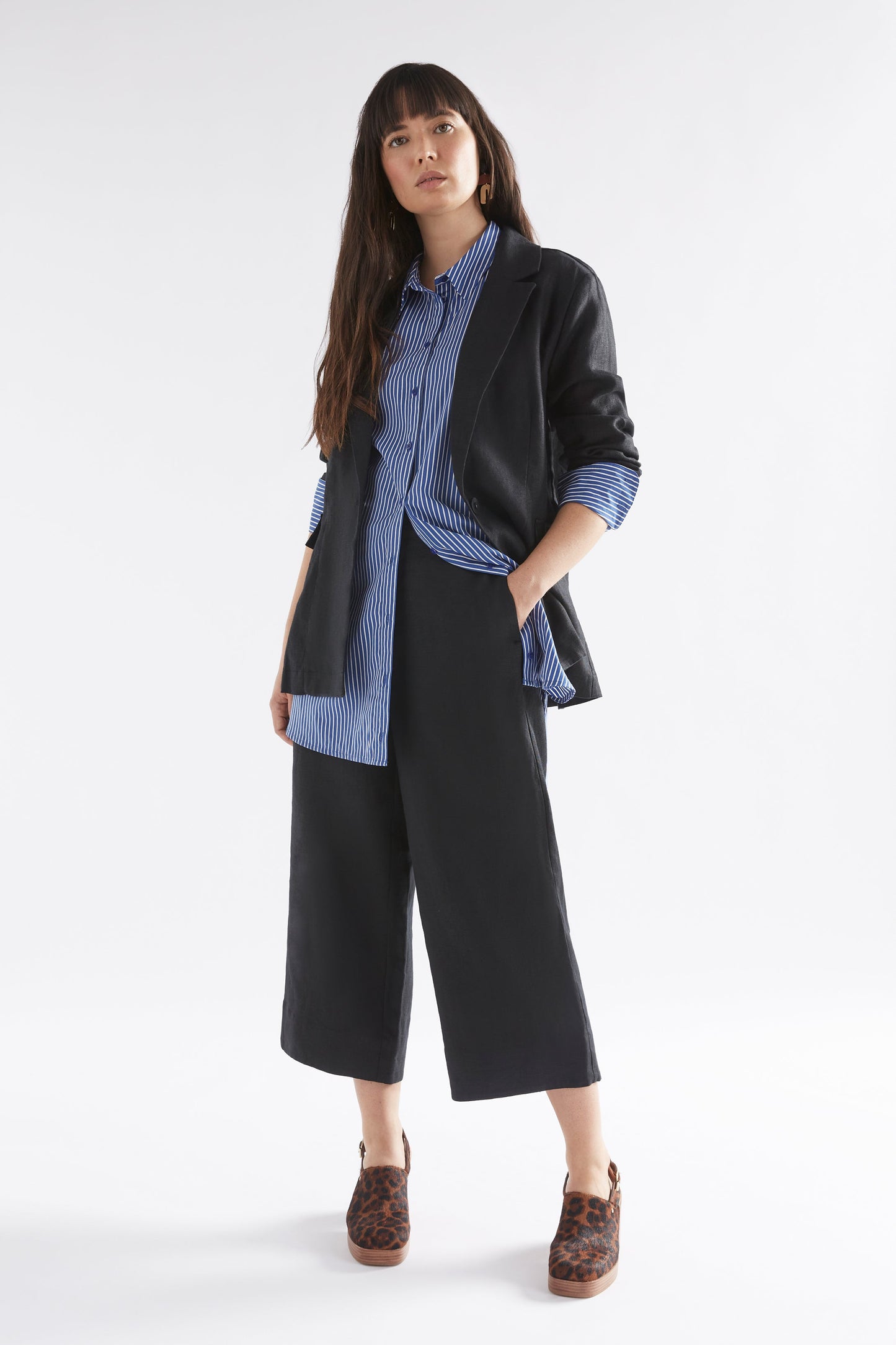 Ligne Relaxed Cotton Stripe Shirt Model Front with Blazer | BLUE STRIPE