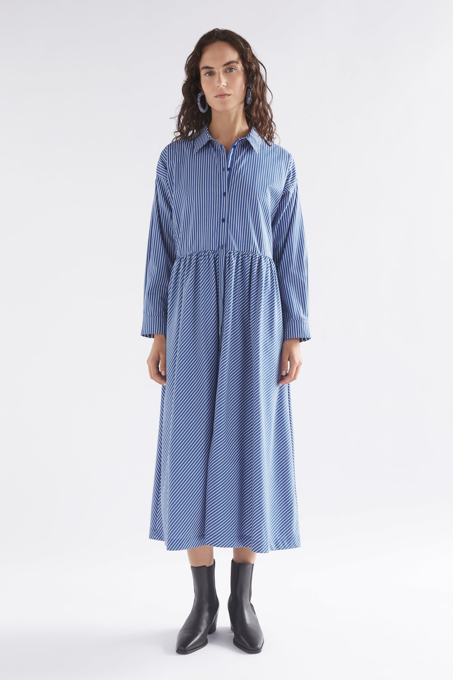 Ligne Waisted Cotton Midi Shirt Dress Model Front | BLUE STRIPE
