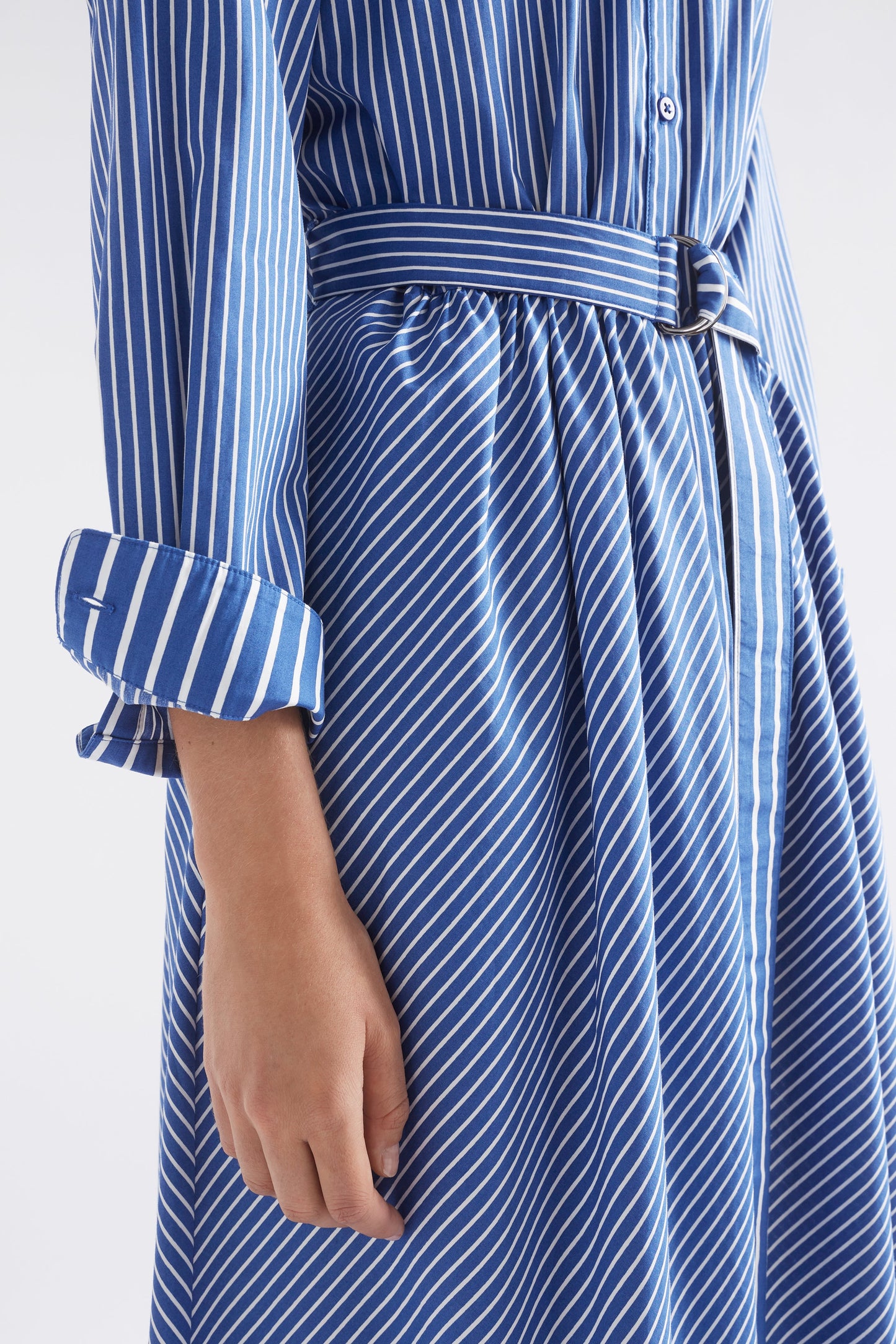 Ligne Waisted Cotton Midi Shirt Dress Model Side Detail | BLUE STRIPE