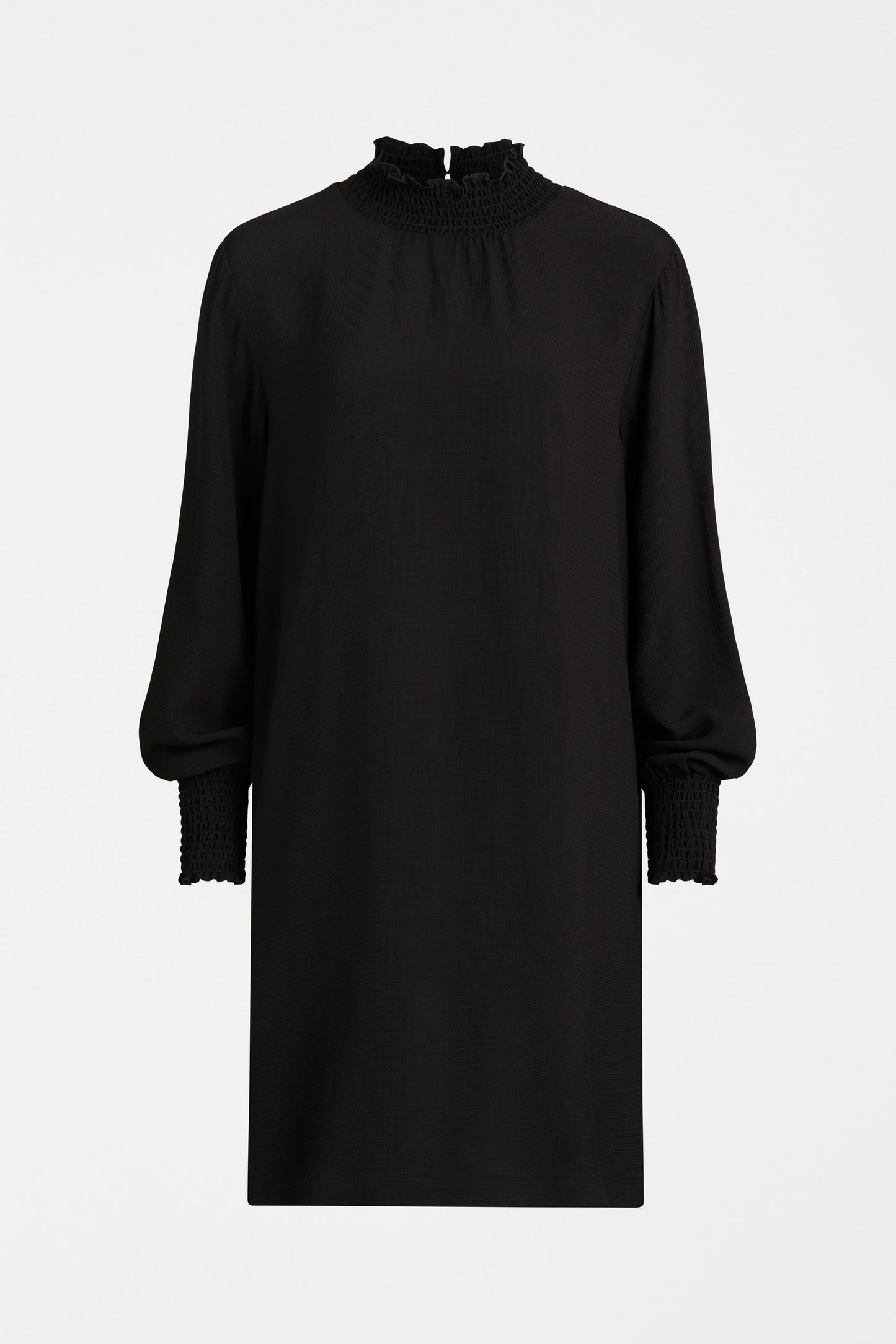 Veda Round Neck Shirred Detail Long Sleeve Dress Front | BLACK