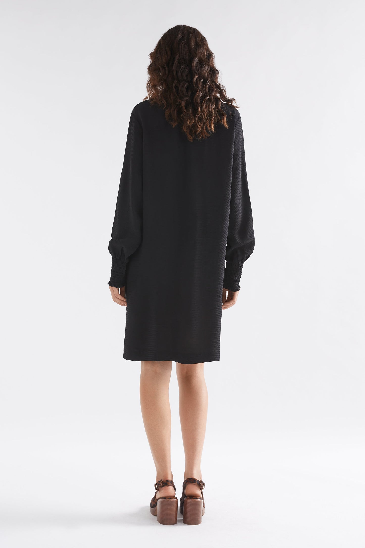 Veda Round Neck Shirred Detail Long Sleeve Dress Model Back | BLACK