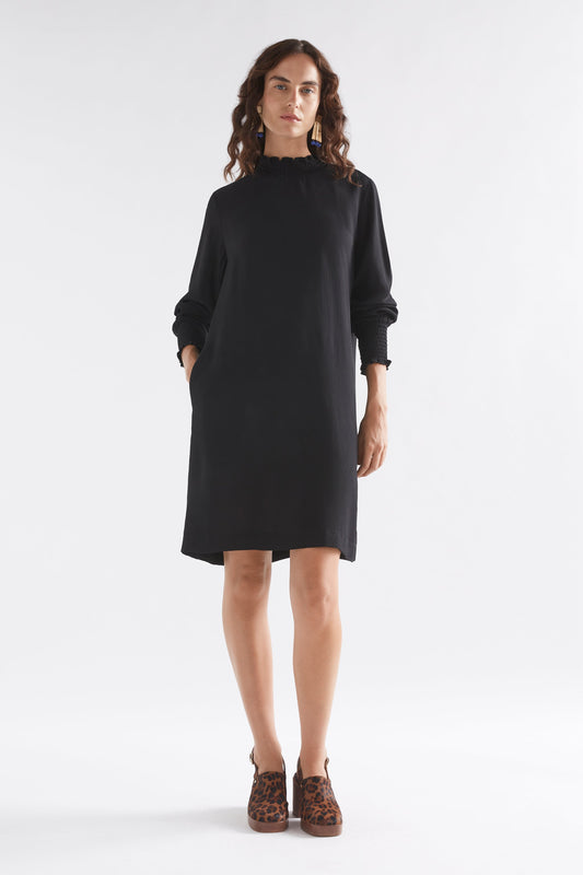 Veda Round Neck Shirred Detail Long Sleeve Dress Model Front | BLACK