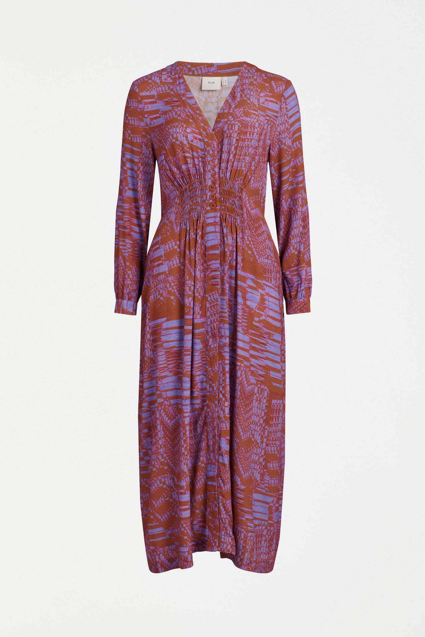 Neil Long Sleeve Shirred V-Neck Print Midi Dress Front | MAGIC PRINT