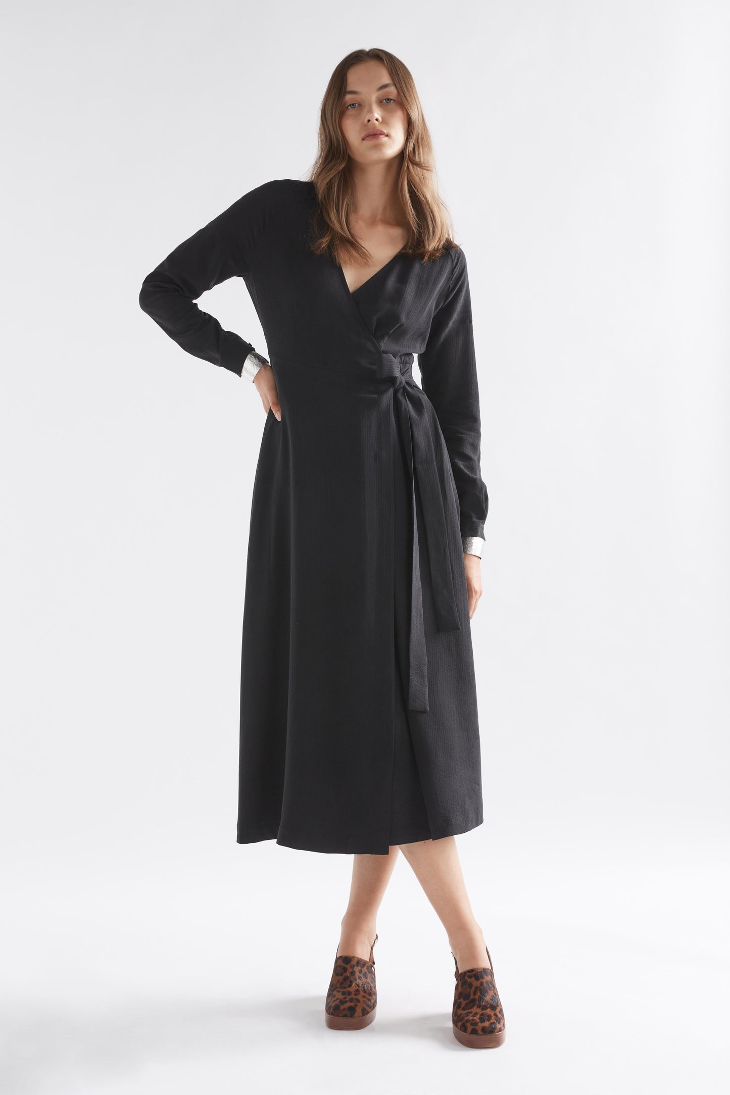 Edita Long Sleeve Midi Wrap Dress Model Front | BLACK