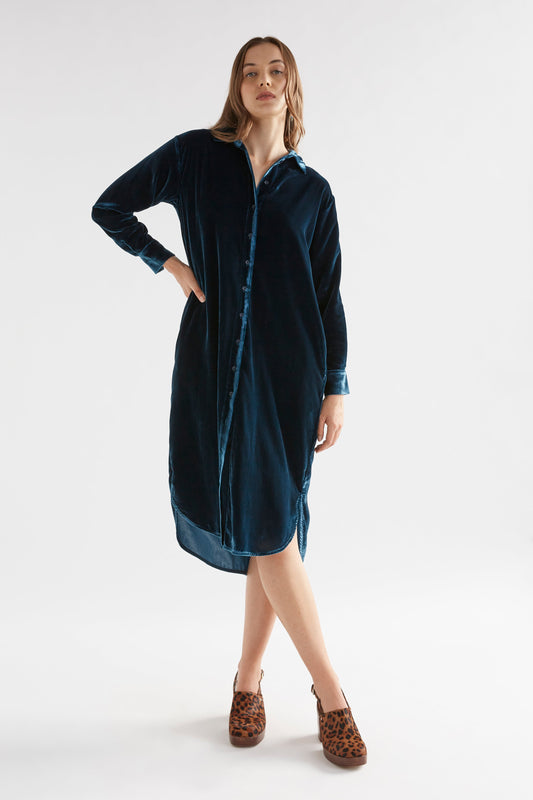 Suuri Button-Through Midi-Length Velvet Shirt Dress Model Front | TEAL 