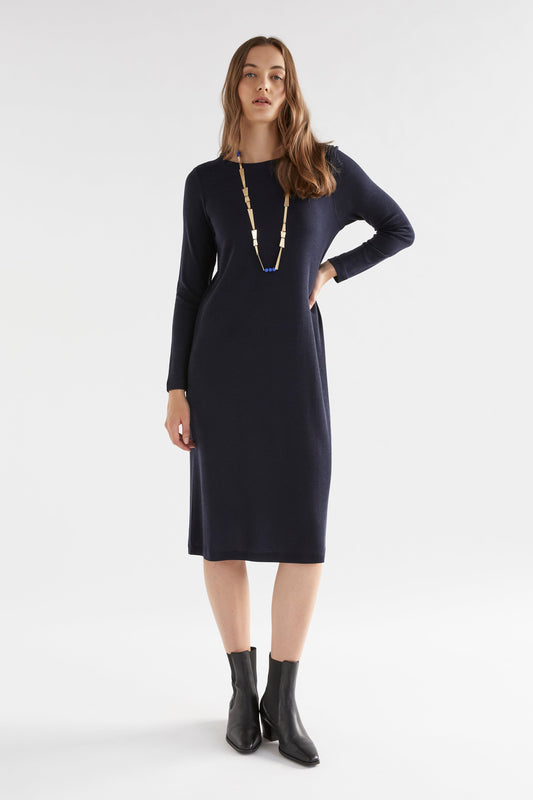 Grej Long Sleeve Merino Jersey Dress Model Front | DARK NAVY