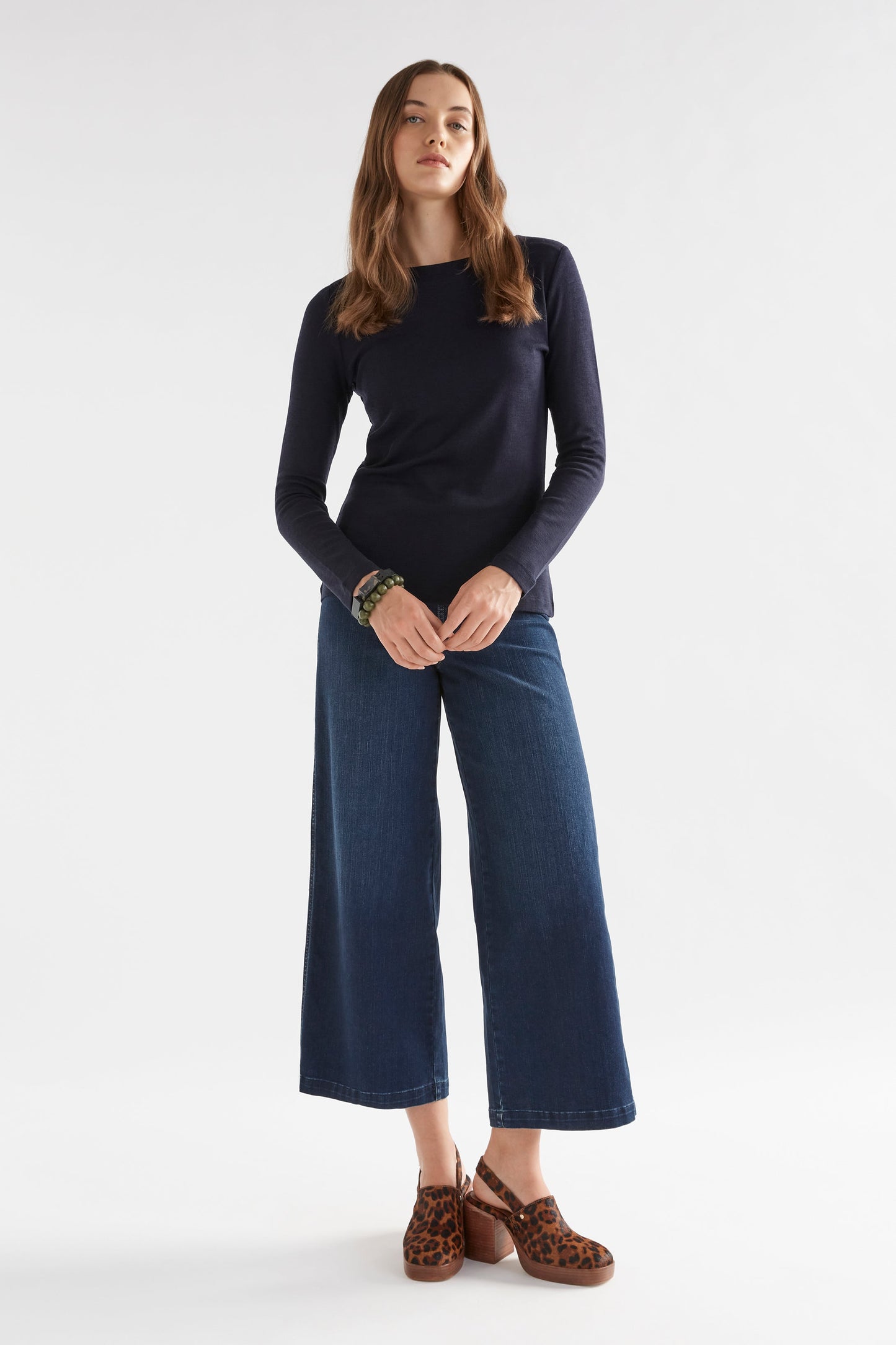 Grej Long Sleeve Merino Knit Top Model Front Full Body | DARK NAVY