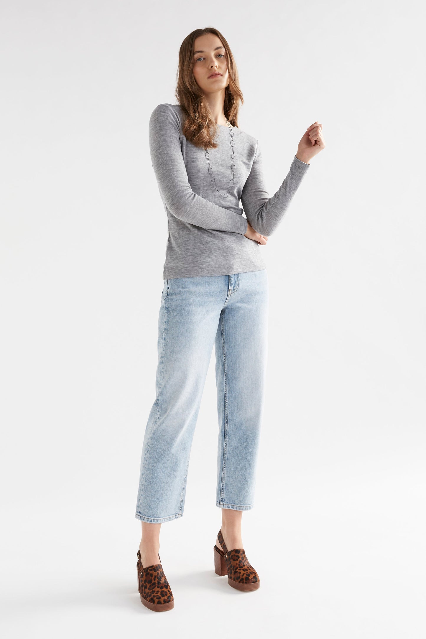 Grej Long Sleeve Merino Knit Top Model Front Full Body | GREY MARLE