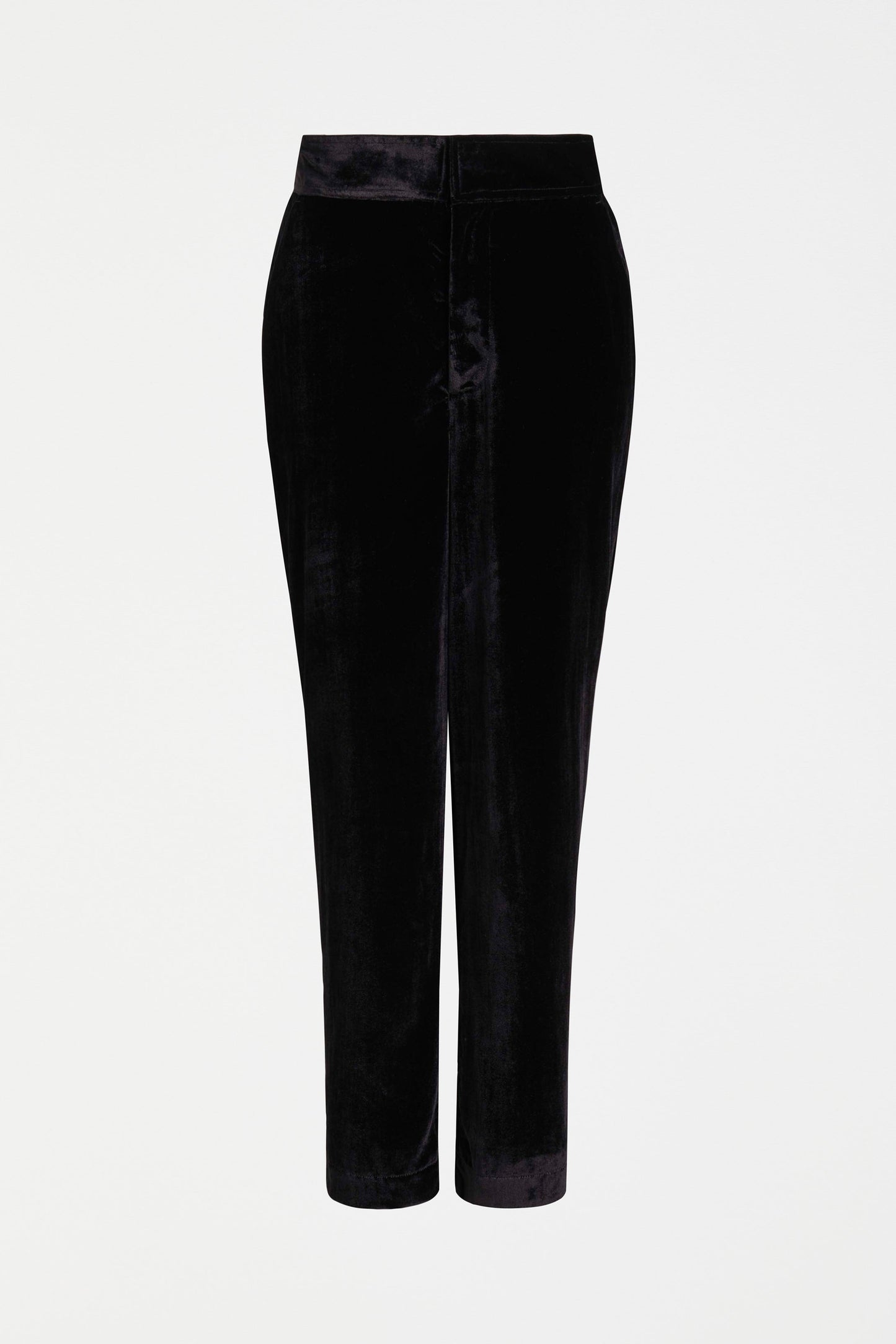 Suuri Flat-Front Waistband Tapered-Leg Velvet Pant Front | BLACK