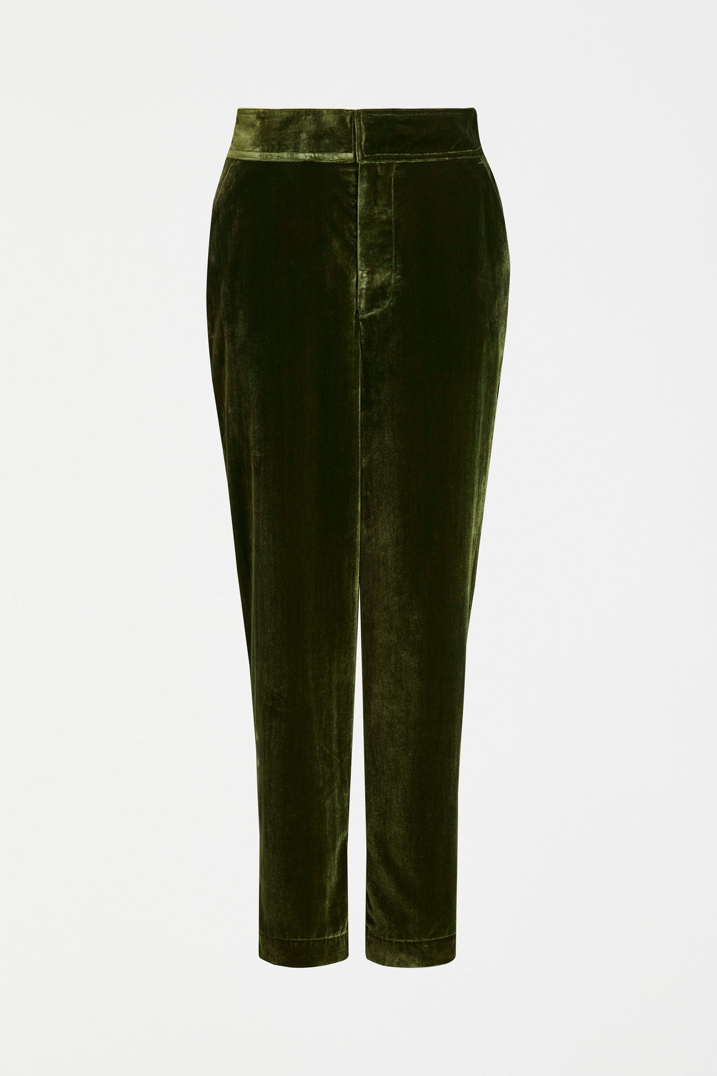 Suuri Flat-Front Waistband Tapered-Leg Velvet Pant Front | MOSS GREEN