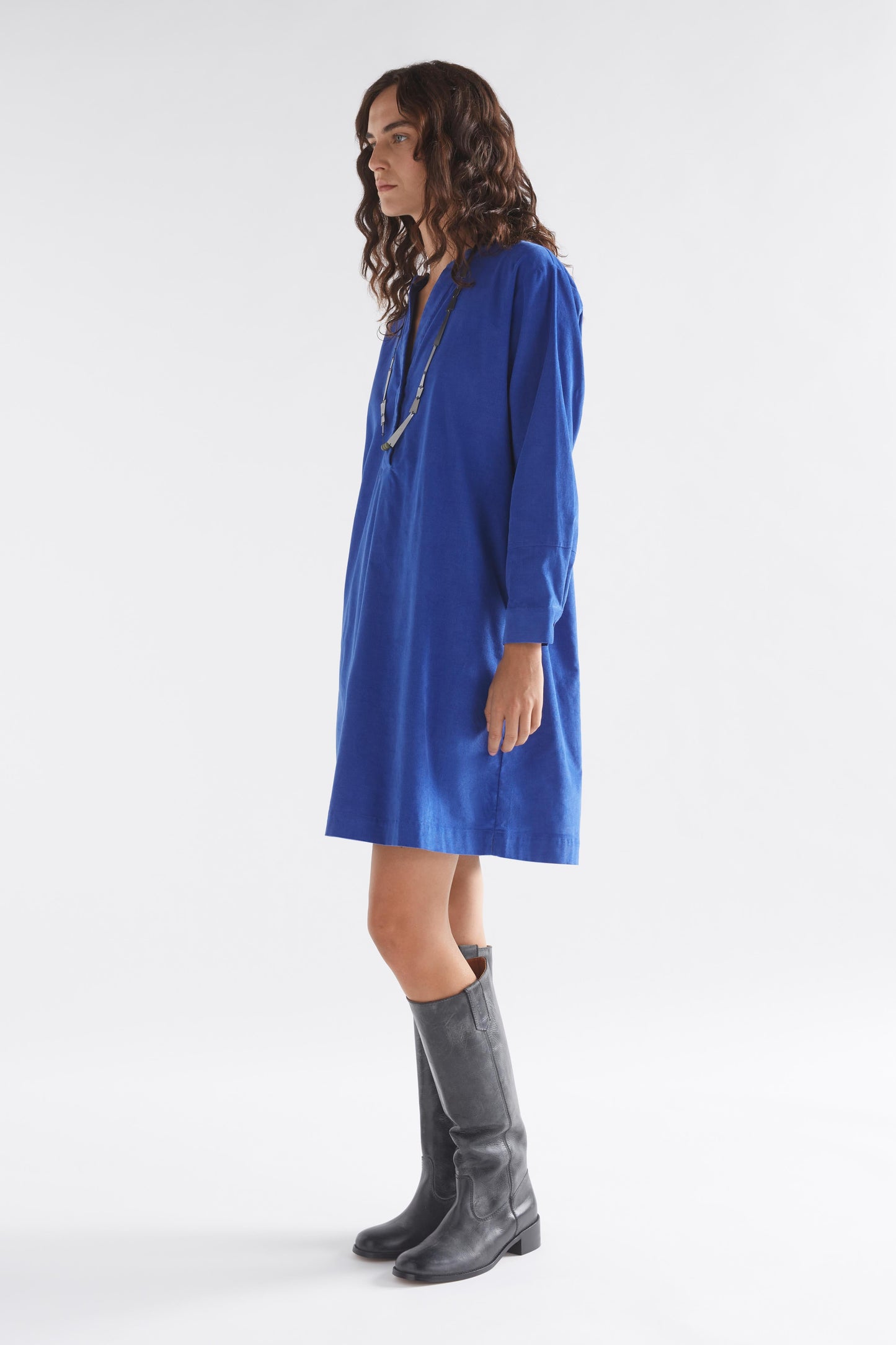Luja Organic Cotton Long Sleeve Short Corduroy Dress Model Side | ULTRAMARINE