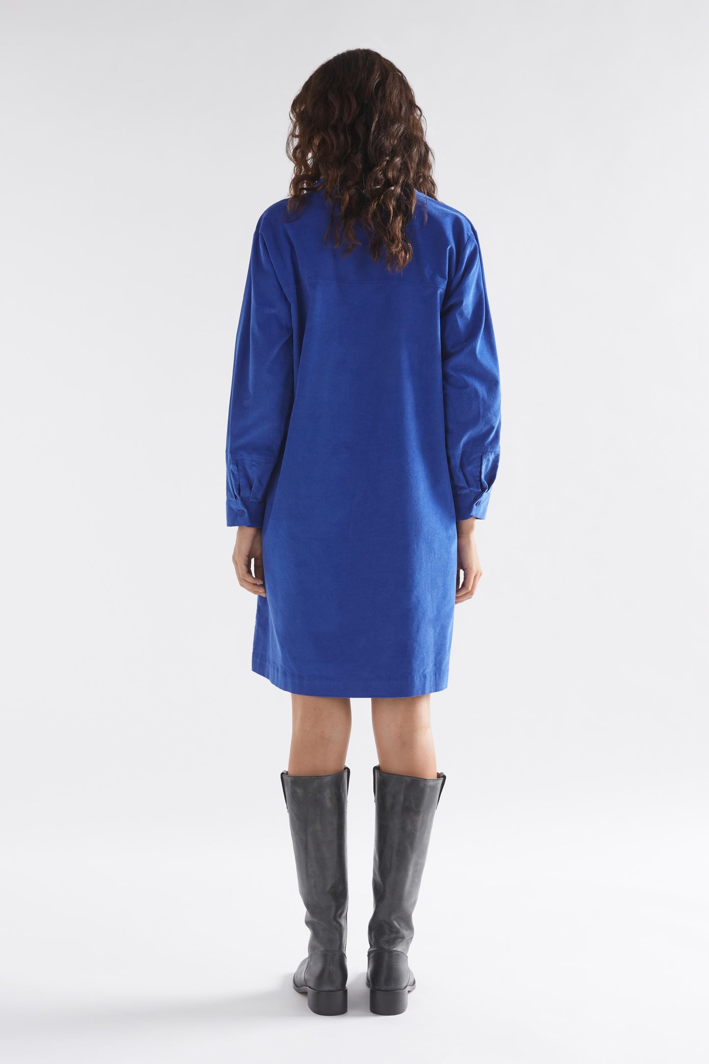 Luja Organic Cotton Long Sleeve Short Corduroy Dress Model Back | ULTRAMARINE
