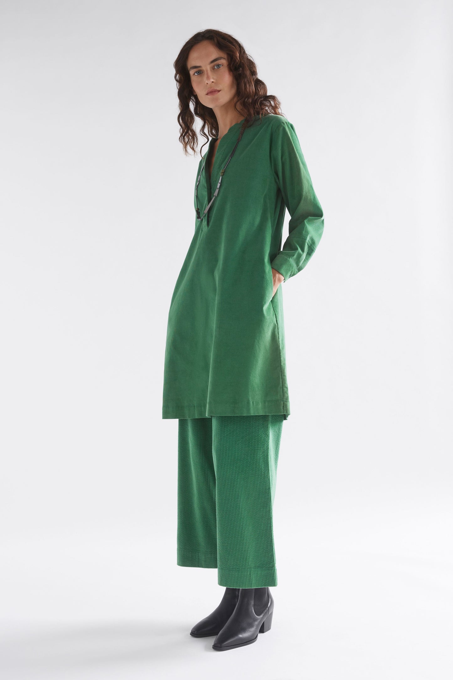 Luja Organic Cotton Long Sleeve Short Corduroy Dress Model Side | SEA GREEN