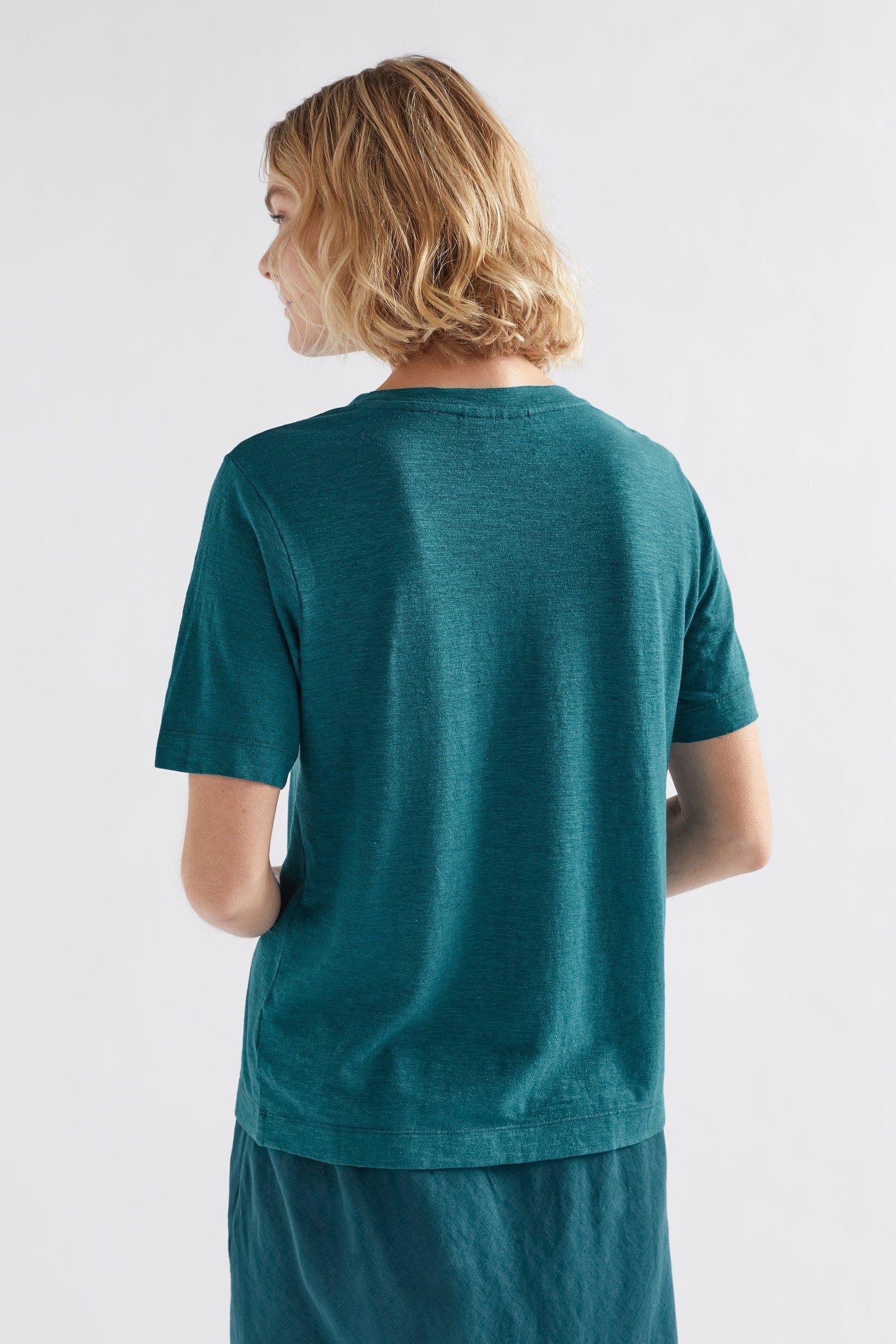 Jaana Organic Cotton and Hemp Jersey Crew Neck Tshirt Model Back | TEAL BLUE