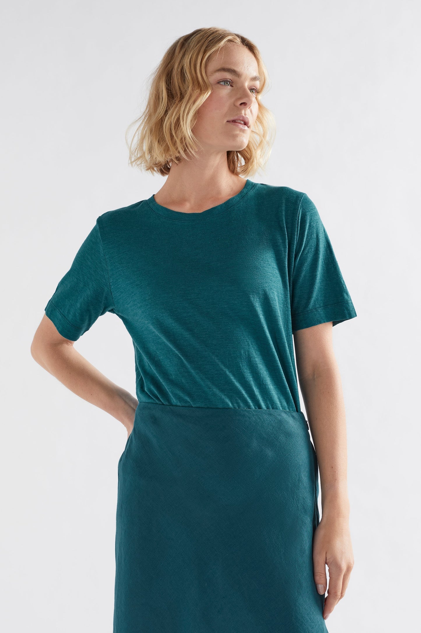 Jaana Organic Cotton and Hemp Jersey Crew Neck Tshirt Model Front Tucked | TEAL BLUE