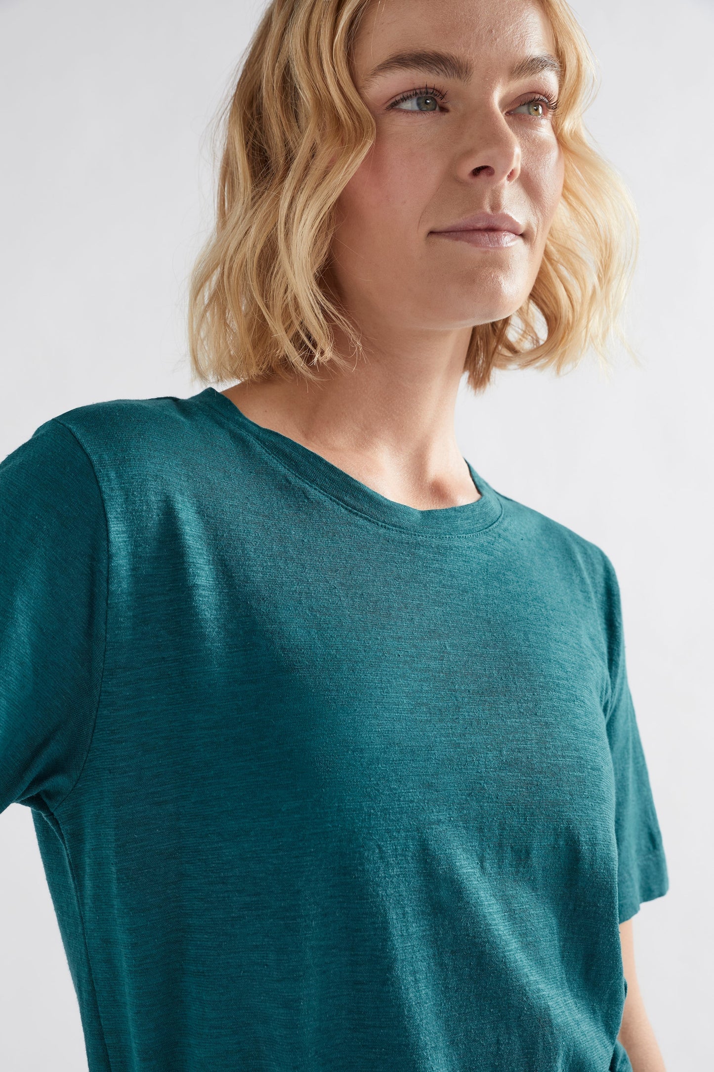 Jaana Organic Cotton and Hemp Jersey Crew Neck Tshirt Model Front detail | TEAL BLUE