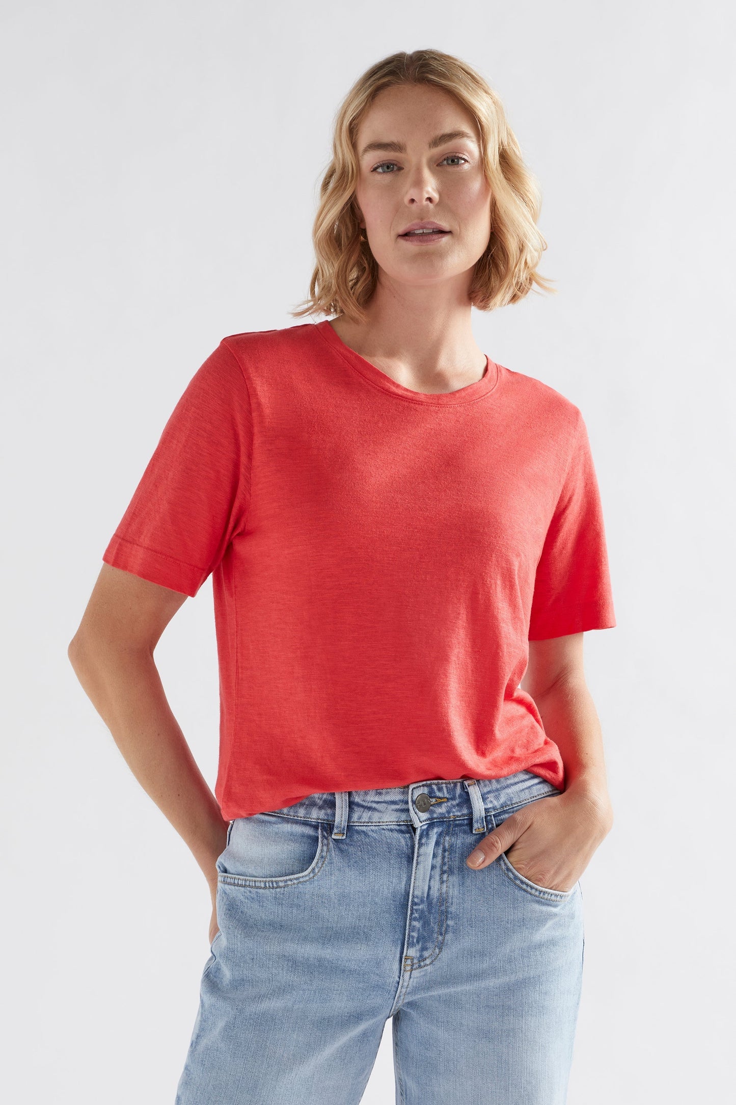 Jaana Organic Cotton and Hemp Jersey Crew Neck Tshirt Model Front Tucked | CORAL